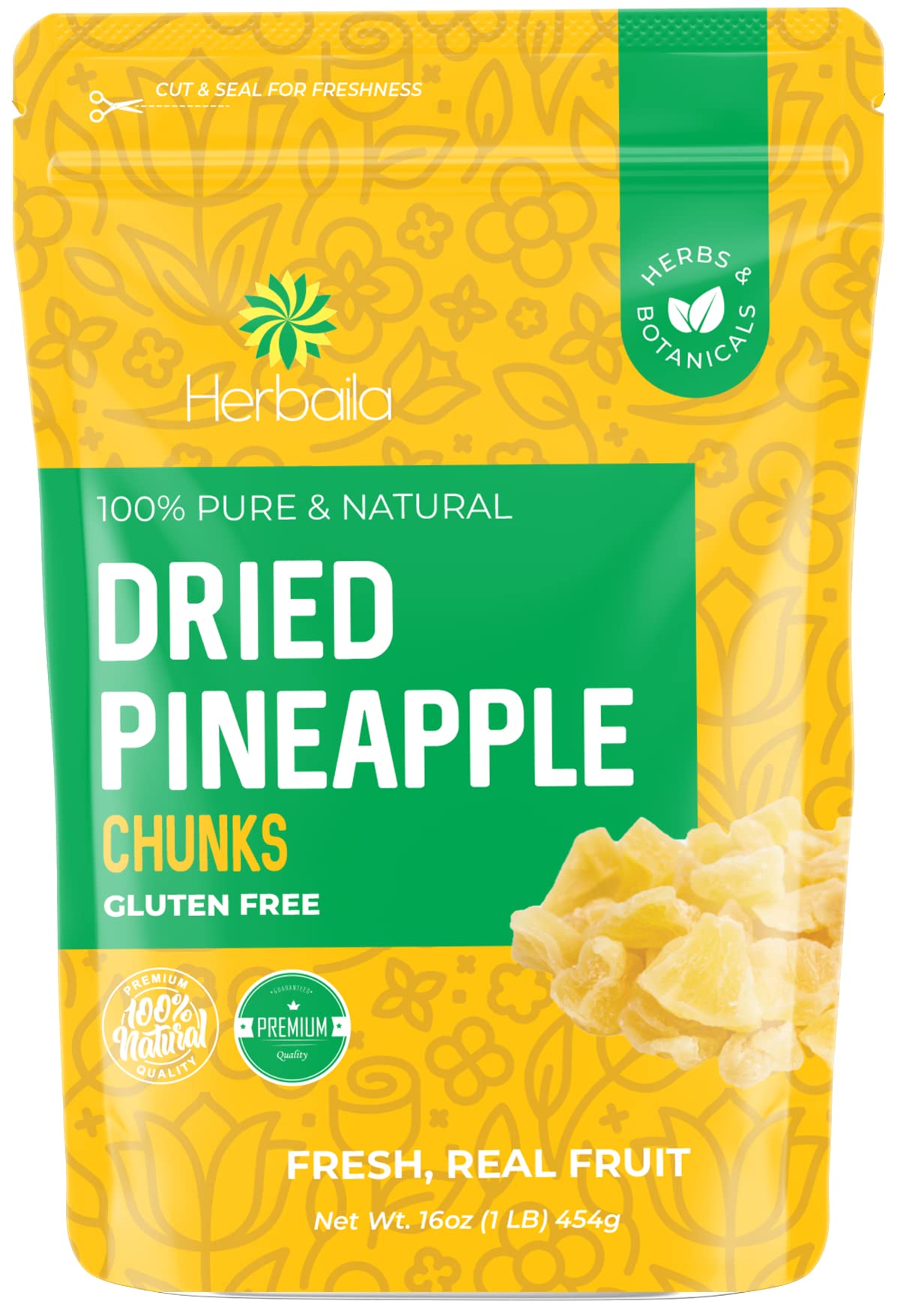 Herbaila dried pineapple chunks in resealable packaging for lasting freshness.