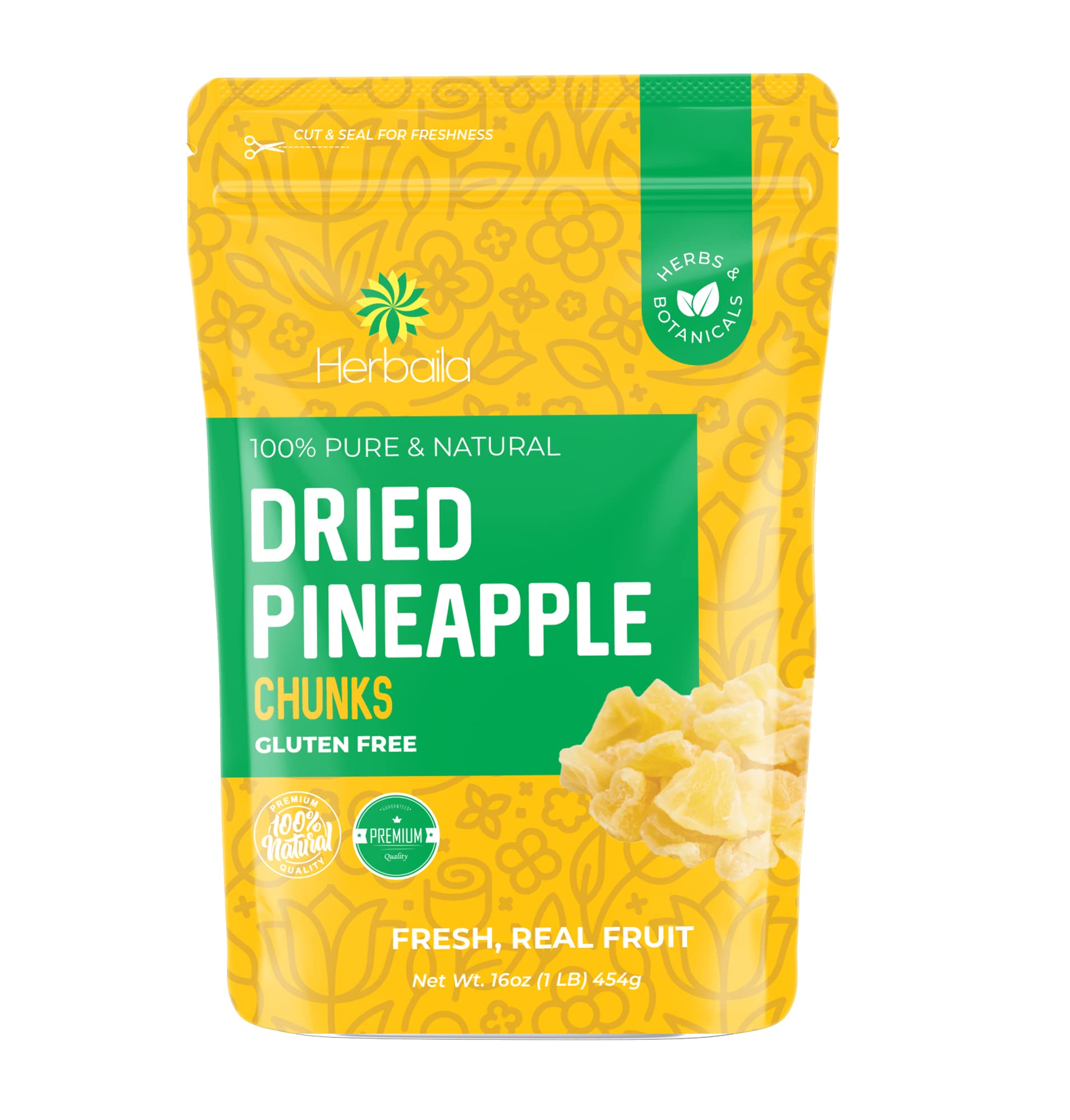 Herbaila dried pineapple chunks in a resealable pouch, ideal for on-the-go.