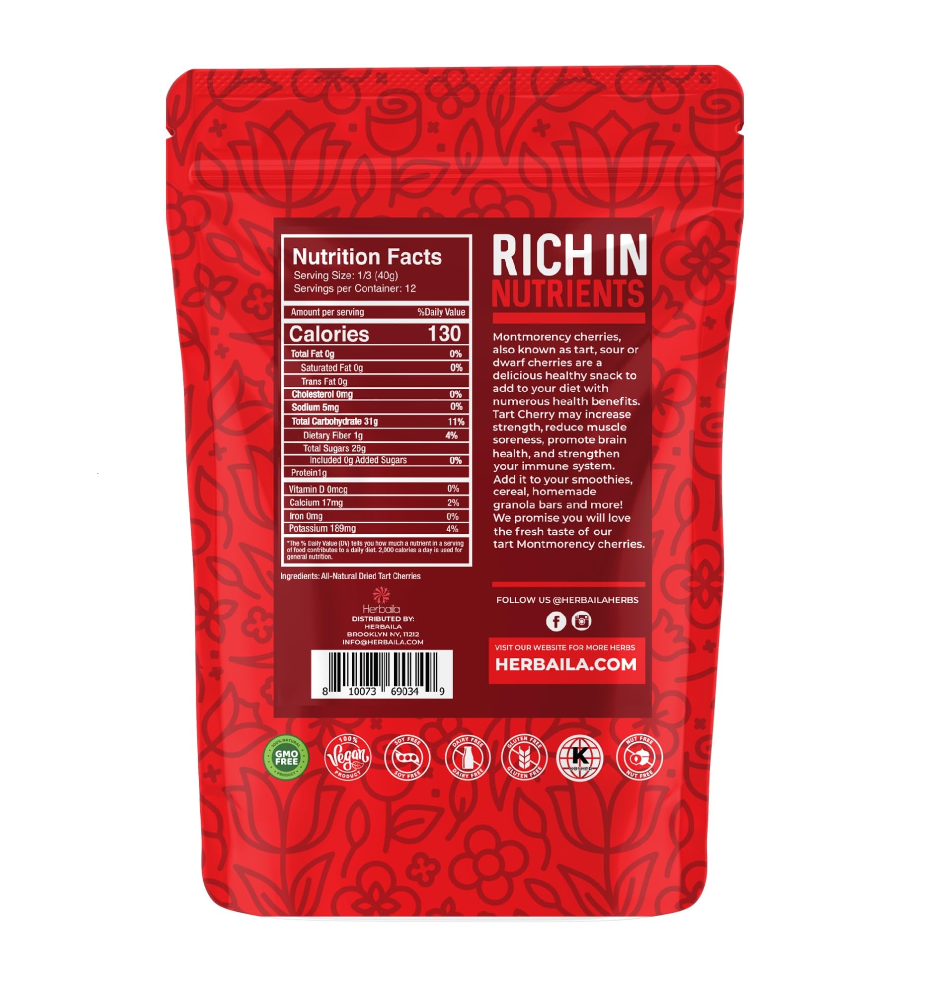 Herbaila dried sour cherries close-up show plump fruit with tart flavor for trail mixes.