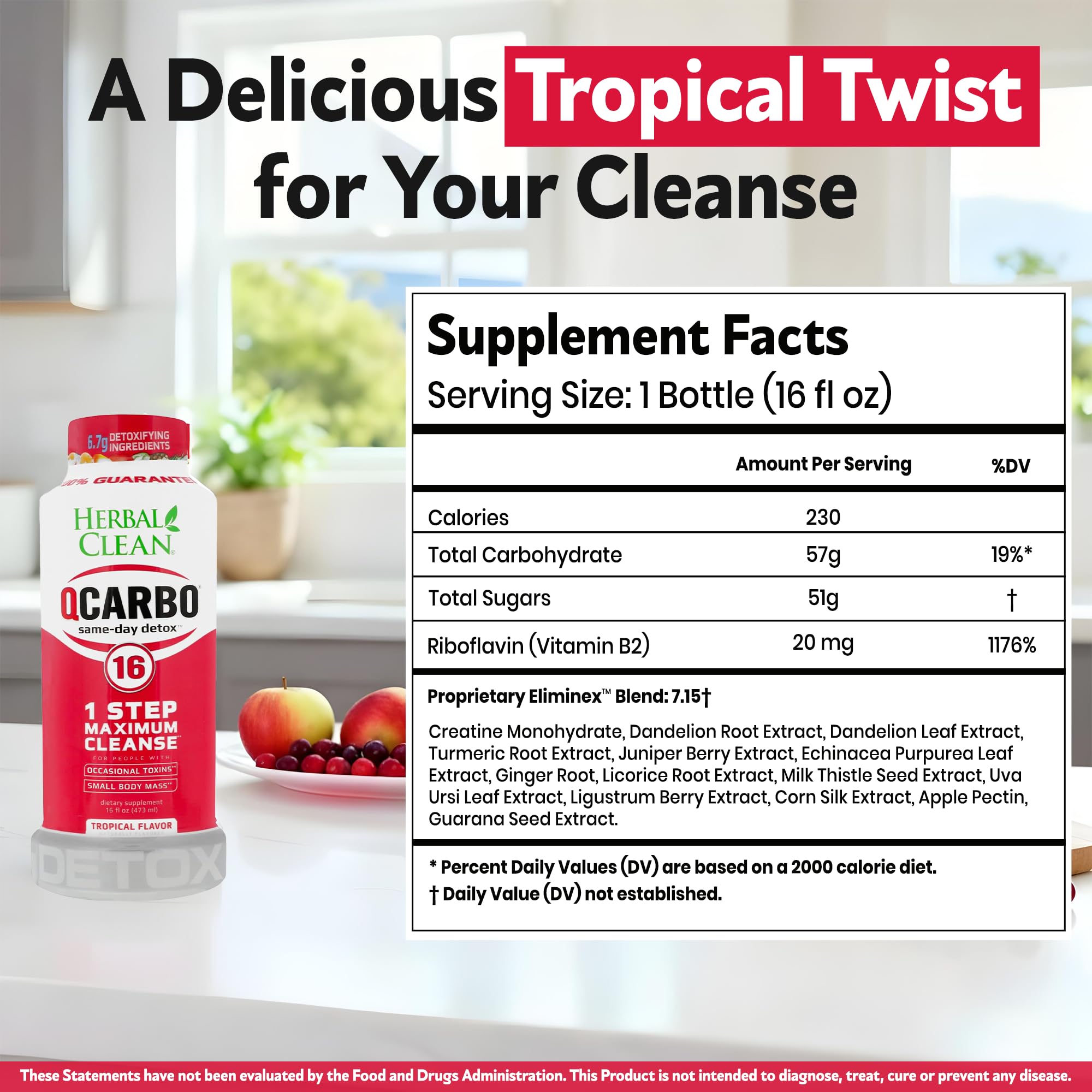 Glass with Herbal Clean Qcarbo16 tropical drink ready to sip.