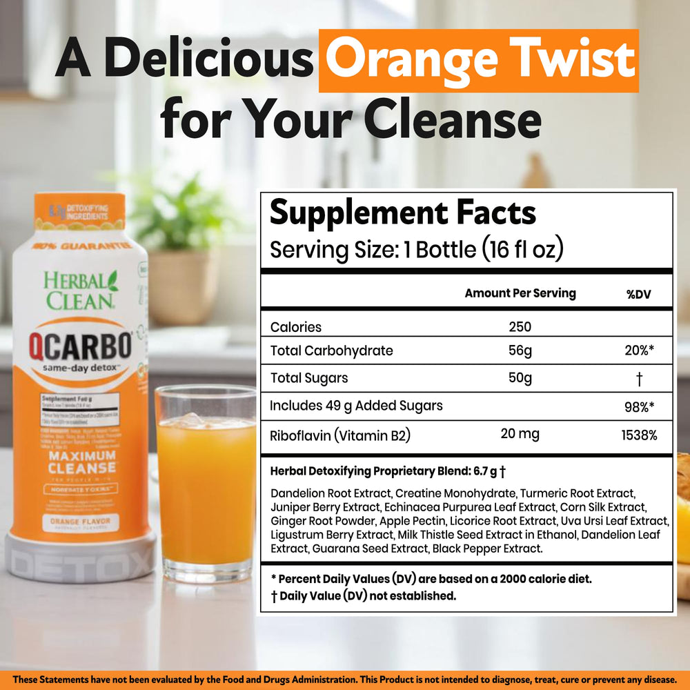 Herbal Clean Qcarbo16 ingredients panel highlighting psyllium husk, triphala, and bromelain.