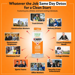 Herbal Clean Qcarbo16 orange bottle back label with usage notes for busy days.