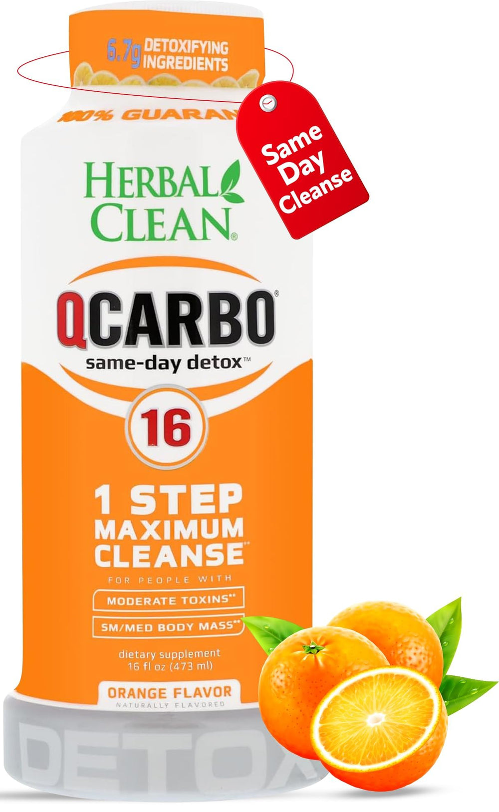 Herbal Clean Qcarbo16 orange bottle front for quick, refreshing detox.