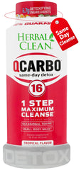 Herbal Clean Qcarbo16 bottle close-up with tropical flavor for quick detox support.