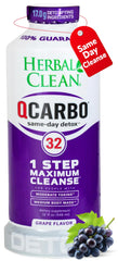 Herbal Clean Qcarbo32 grape bottle label highlights a refreshing detox option for daily wellness