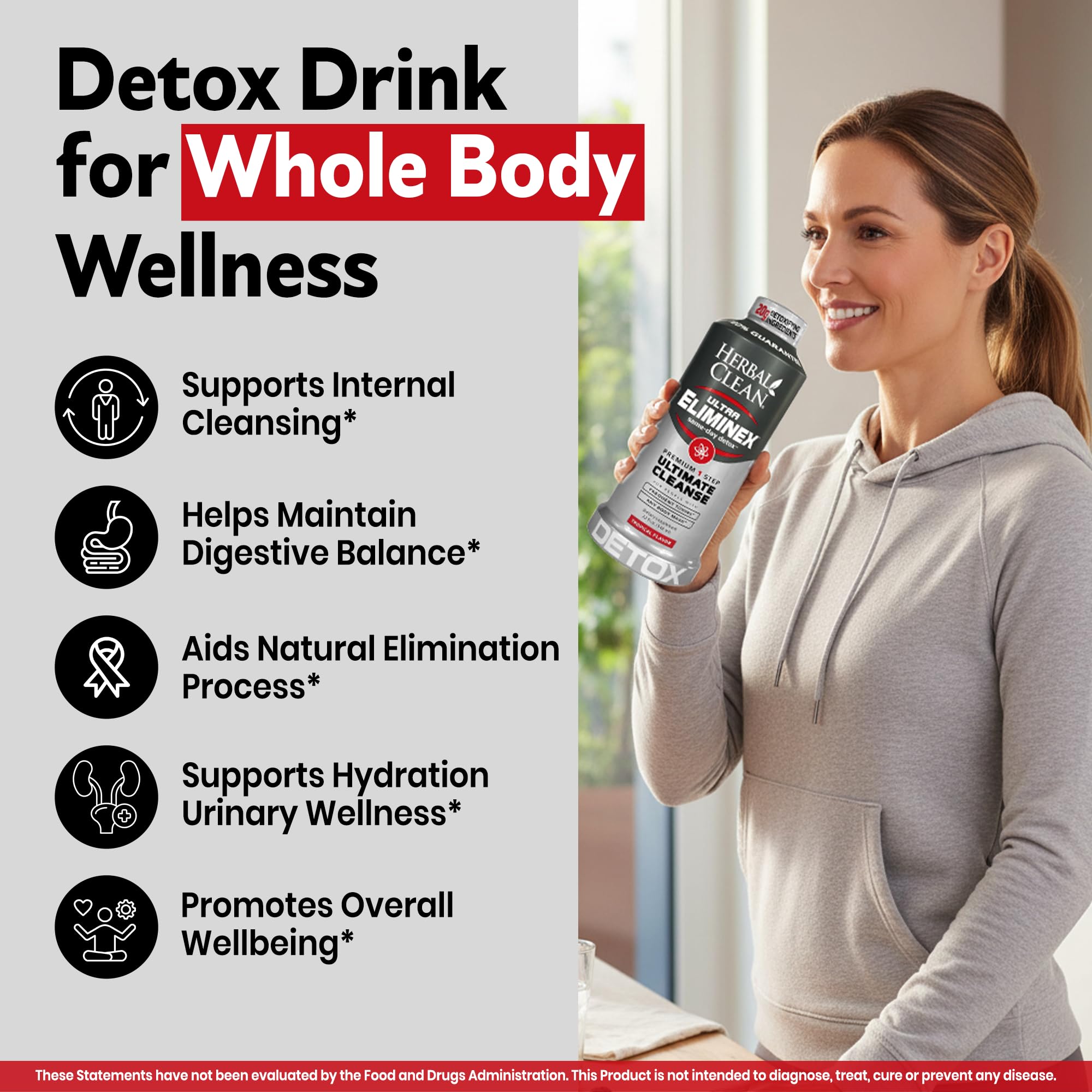 Bottle closeup with brand logo emphasizes trusted Herbal Clean quality.