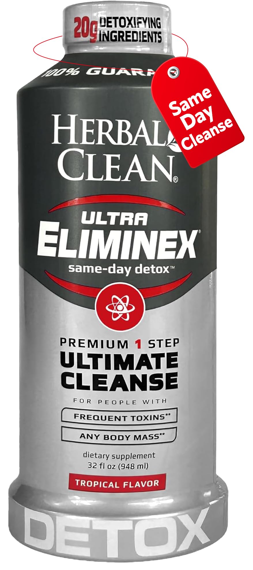 Herbal Clean Same Day Eliminex bottle front in tropical flavor for quick, convenient detox support.