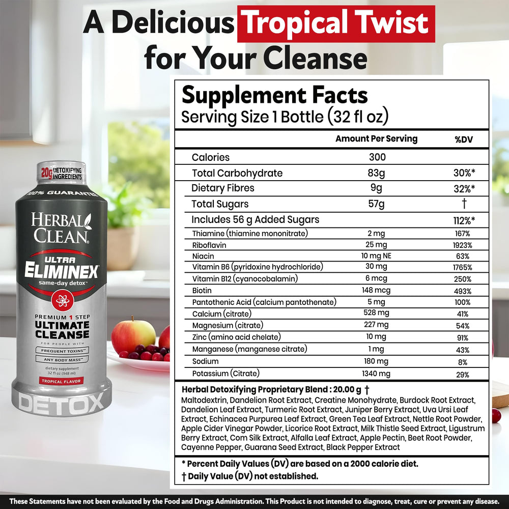Tropical fruit flavor visual evokes refreshing taste during a full-body cleanse experience.