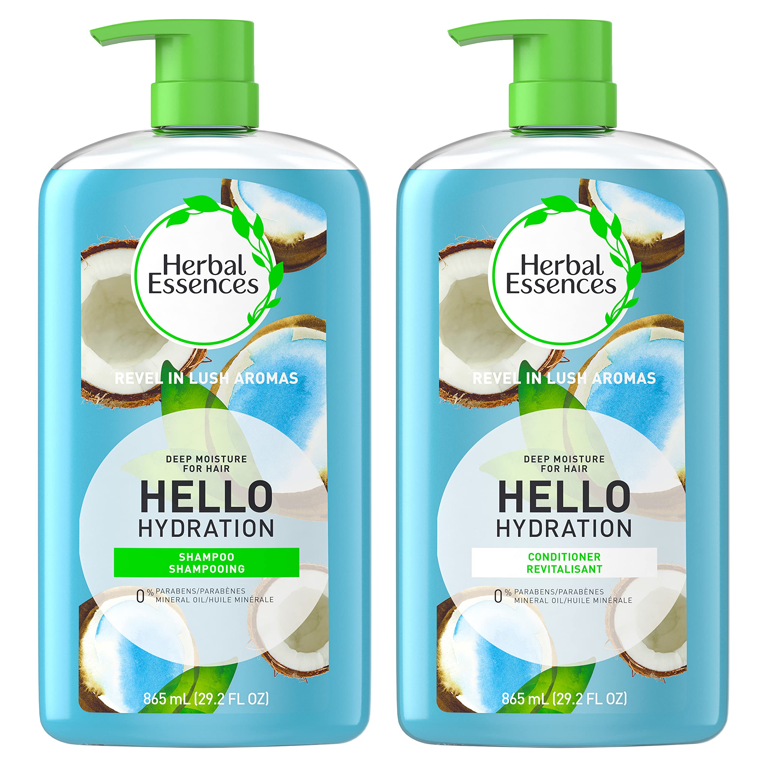 Herbal Essences Hello Hydration shampoo bottle shows coconut formula for hydrated hair.