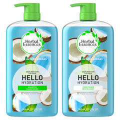 Herbal Essences Hello Hydration shampoo bottle shows coconut formula for hydrated hair.