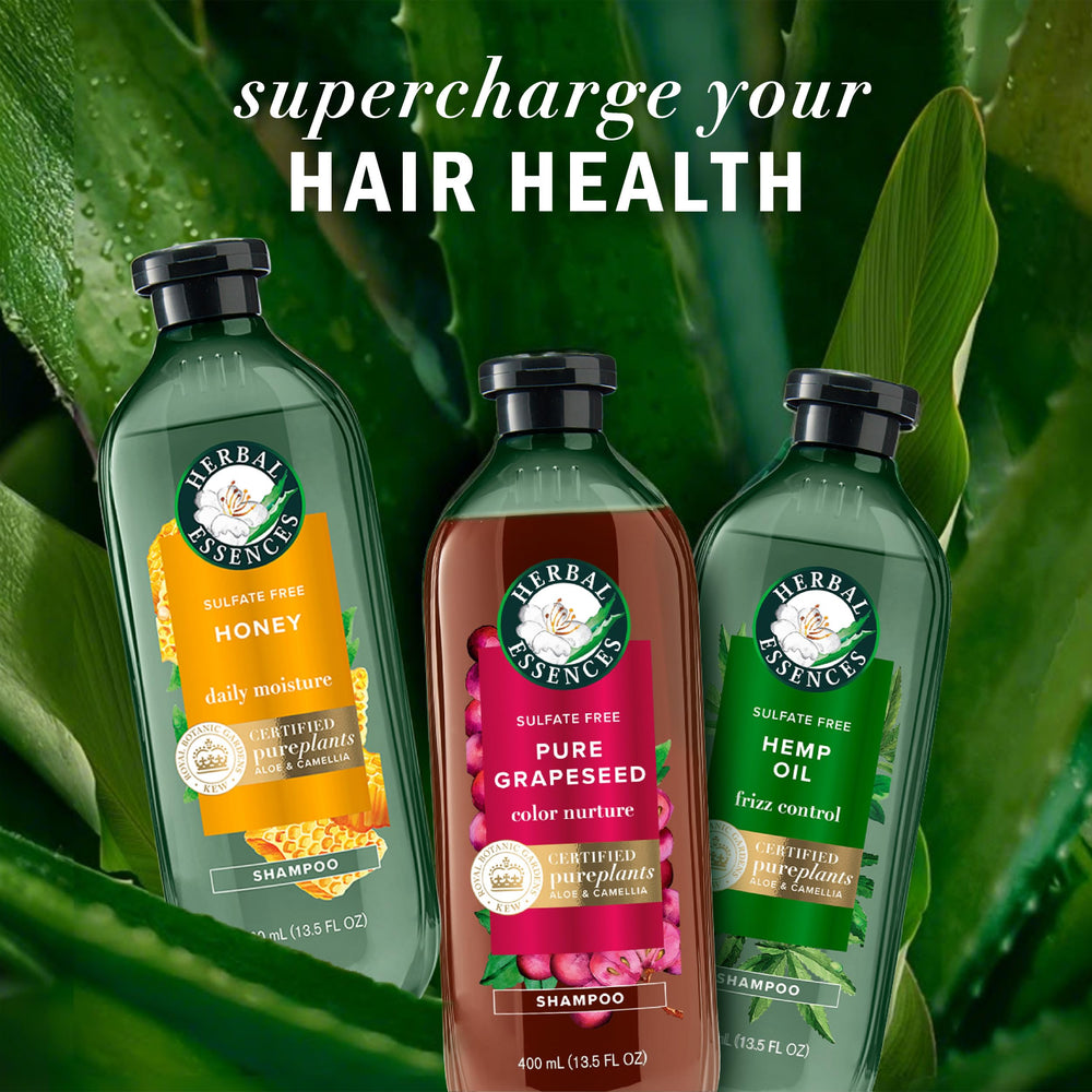 Herbal Essences plant-inspired bottle front emphasizes eco-friendly packaging.