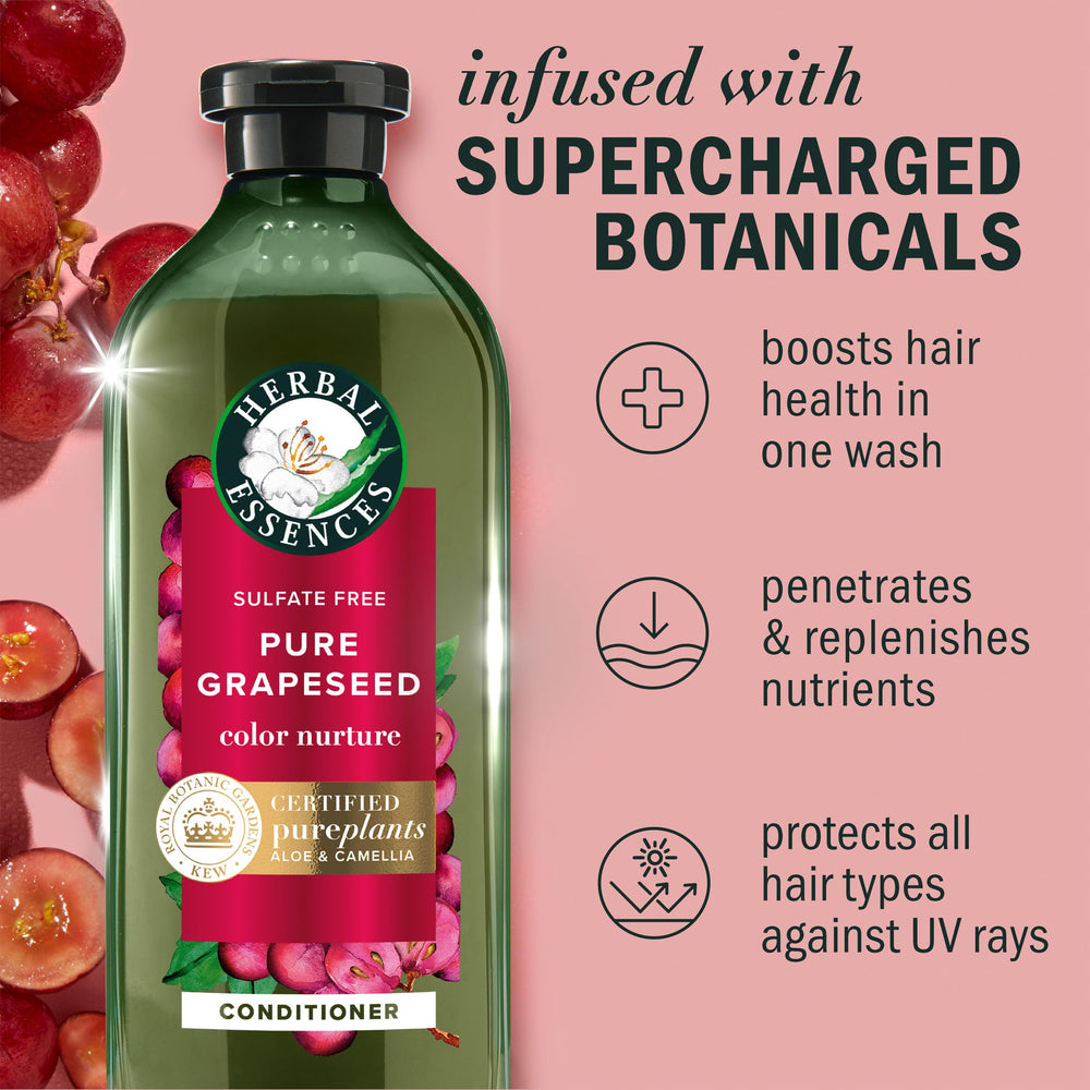 Herbal Essences Pure Grapeseed conditioner label close-up shows sulfate-free formula.