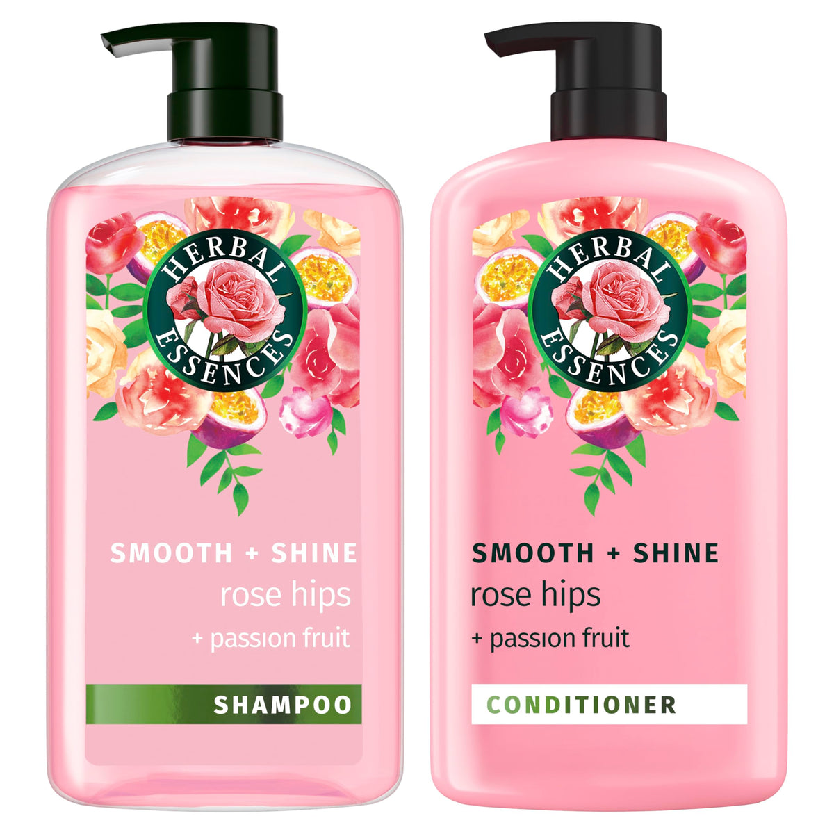 Herbal Essences Rose Hips and Passionfruit shampoo bottle for smooth, shiny hair