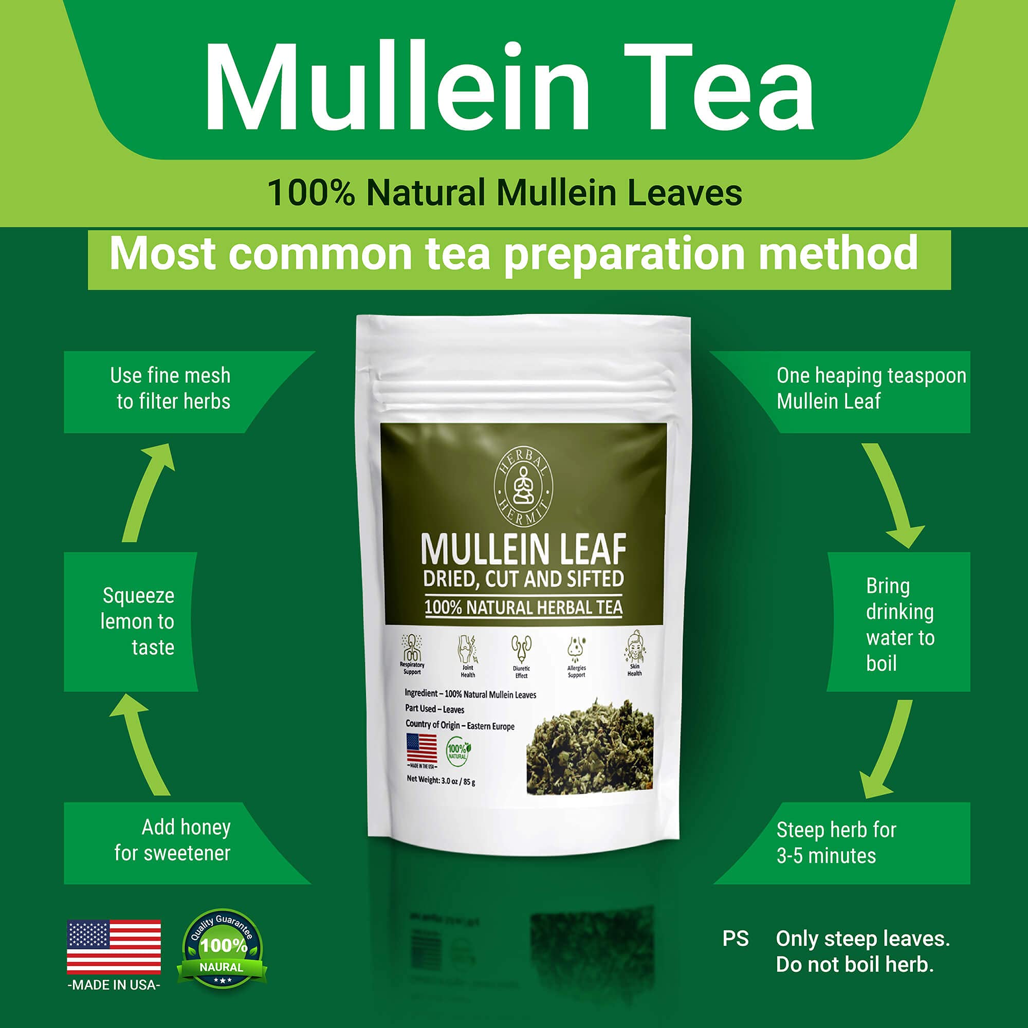 Herbal Hermit mullein tea cup with steam offers a warm, comforting moment.