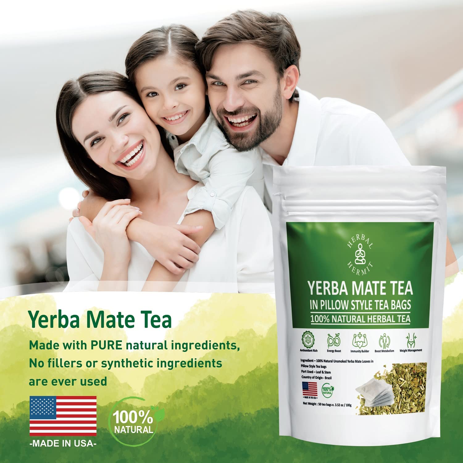 Made in USA Herbal Hermit Yerba Mate bag signals quality and care.