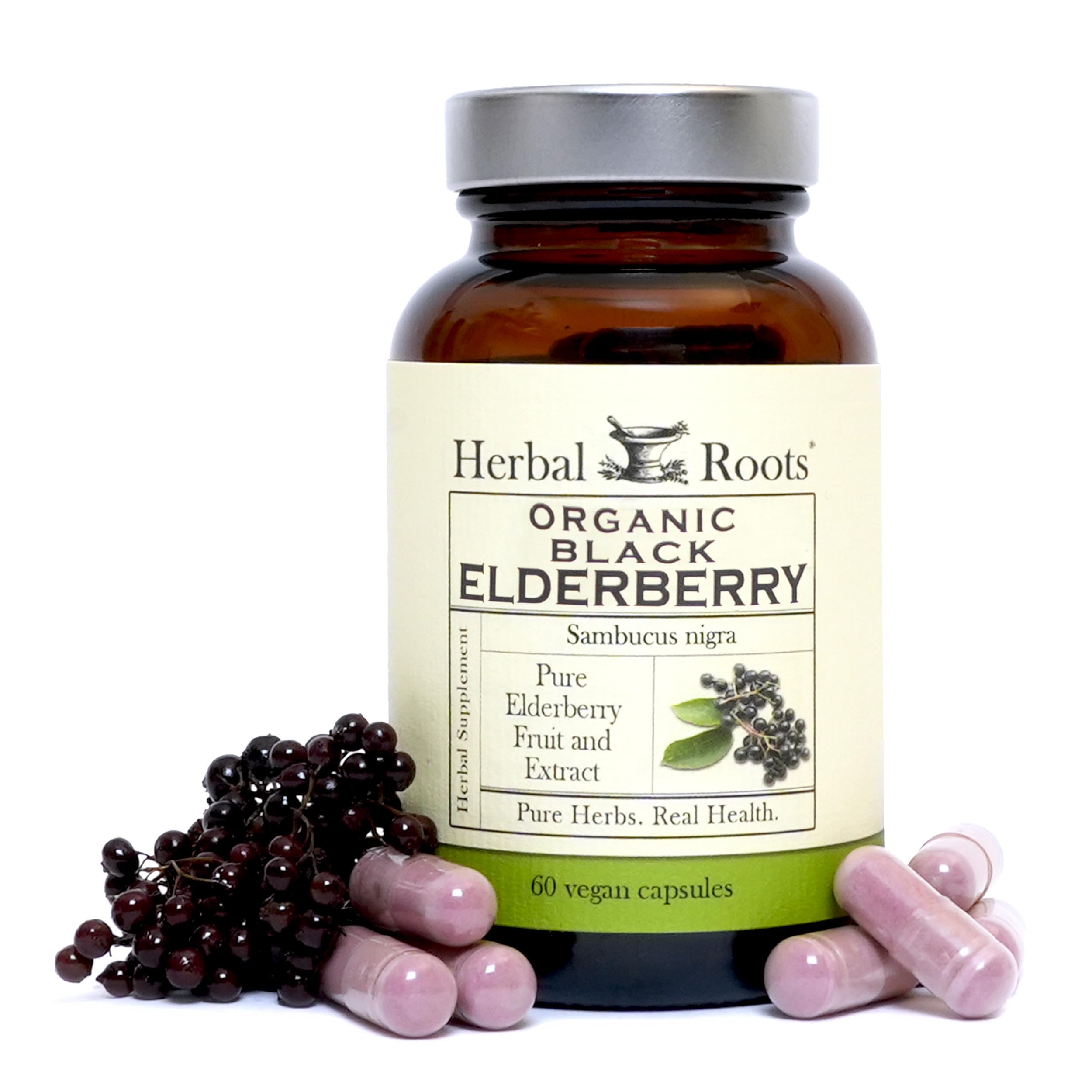 Herbal Roots Black Elderberry Capsules bottle for daily immune support.