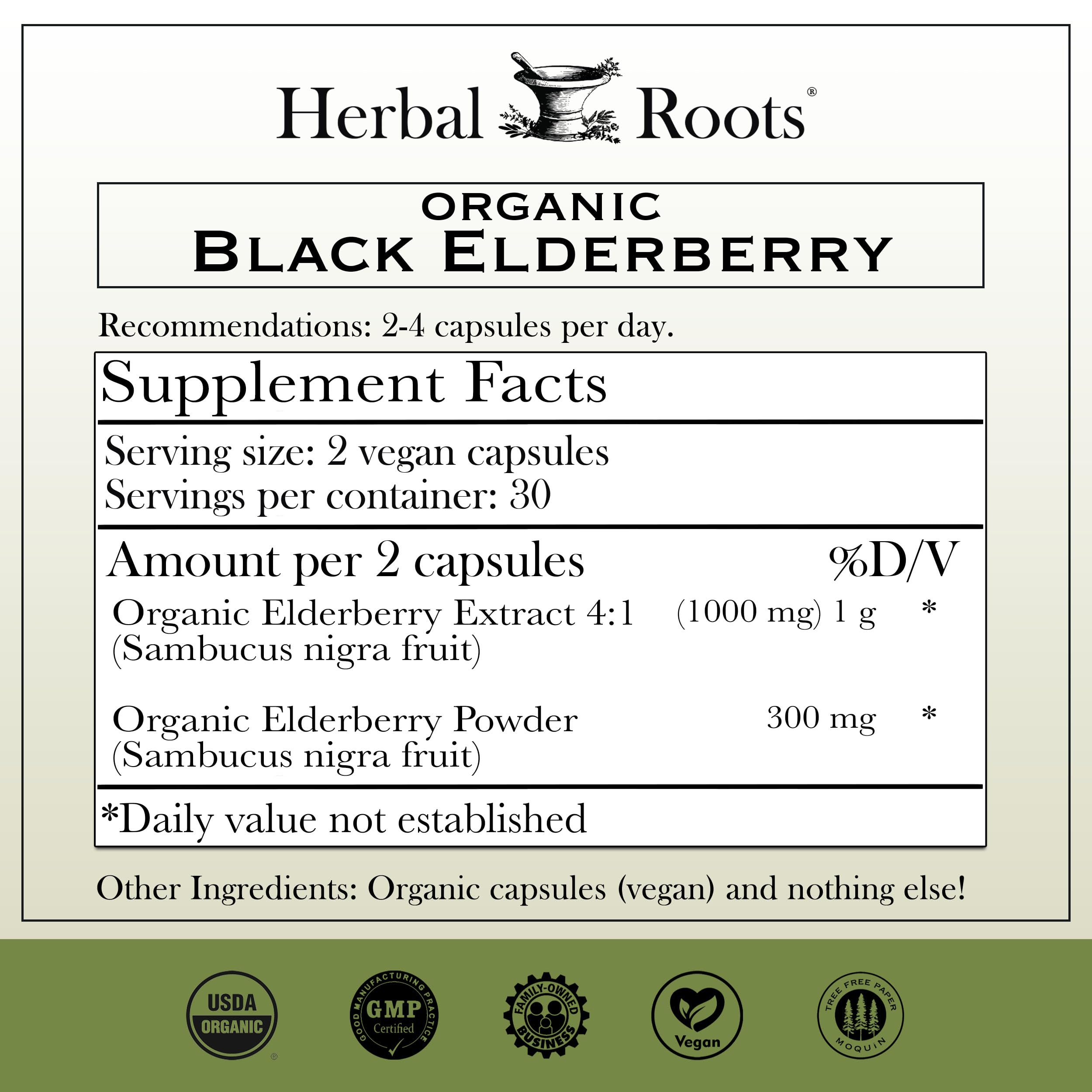 Close-up of Herbal Roots Black Elderberry Capsules label featuring organic Sambucus.