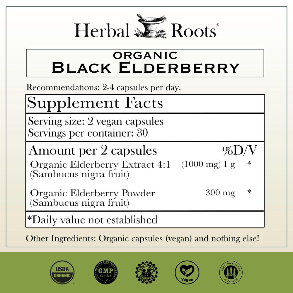 Close-up of Herbal Roots Black Elderberry Capsules label featuring organic Sambucus.