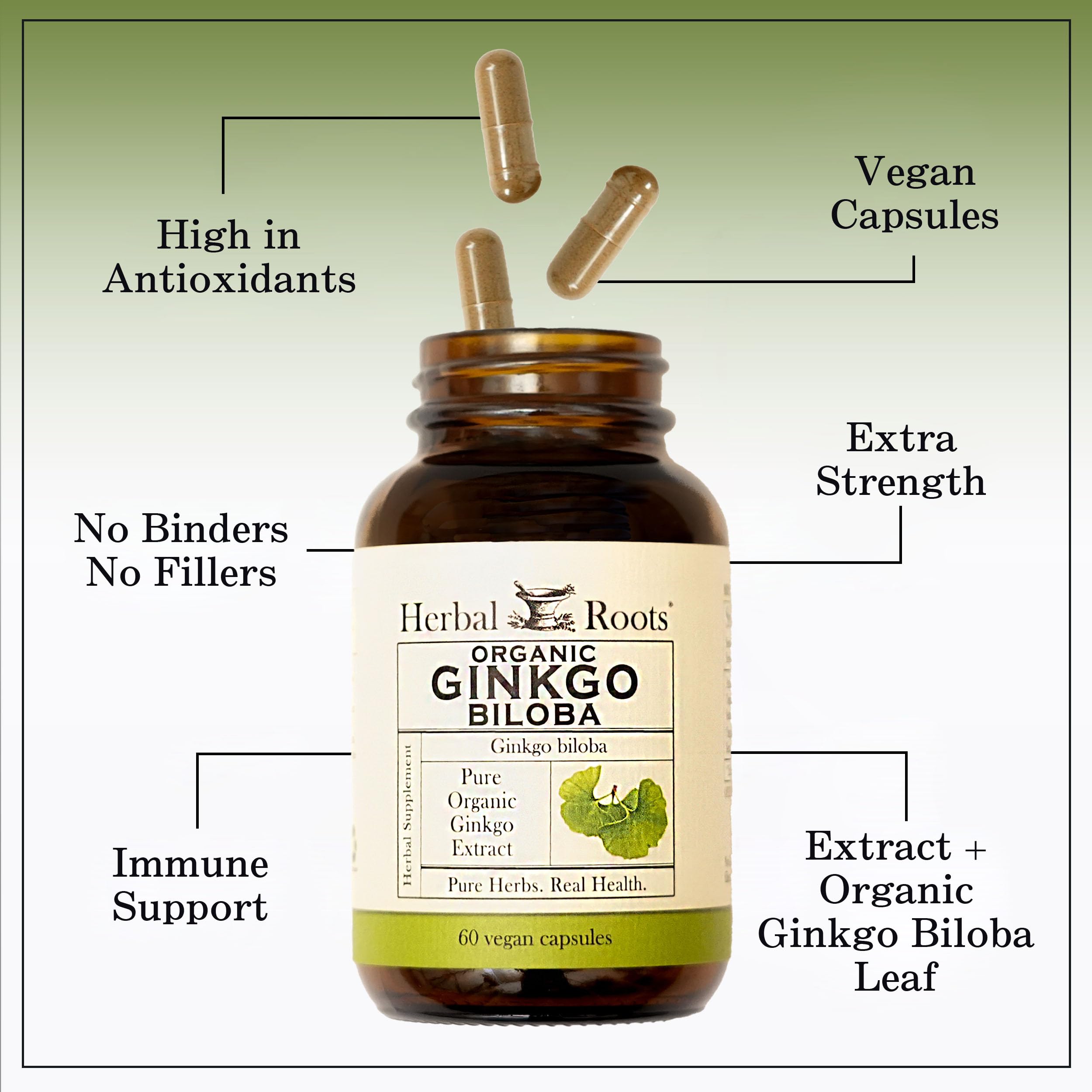 Close-up of Herbal Roots vegan capsules highlighting pure formulation