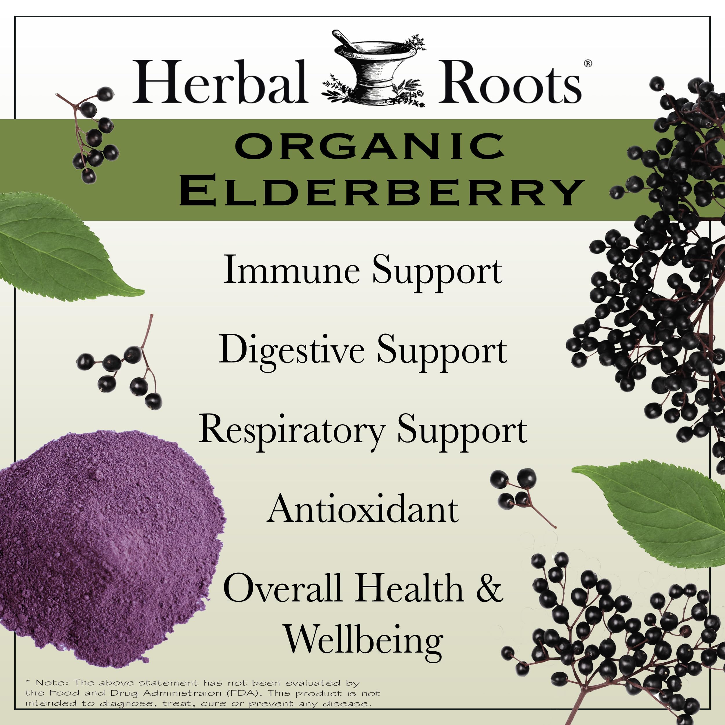 Herbal Roots elderberry packaging highlights organic Sambucus and vegan capsules.