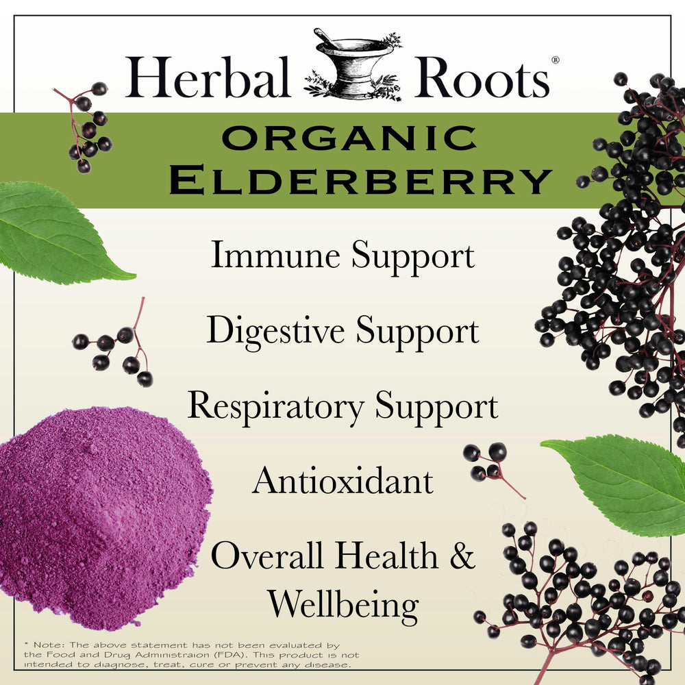 Herbal Roots elderberry packaging highlights organic Sambucus and vegan capsules.