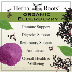 Herbal Roots elderberry packaging highlights organic Sambucus and vegan capsules.