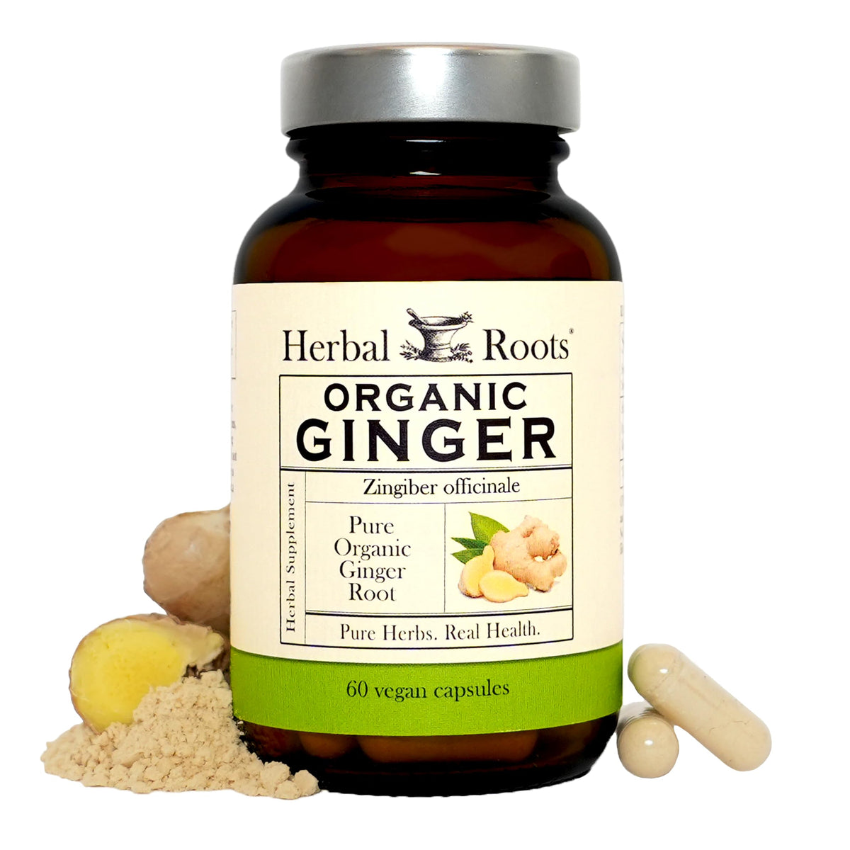 Herbal Roots Ginger Supplement bottle front for convenient daily digestion support.