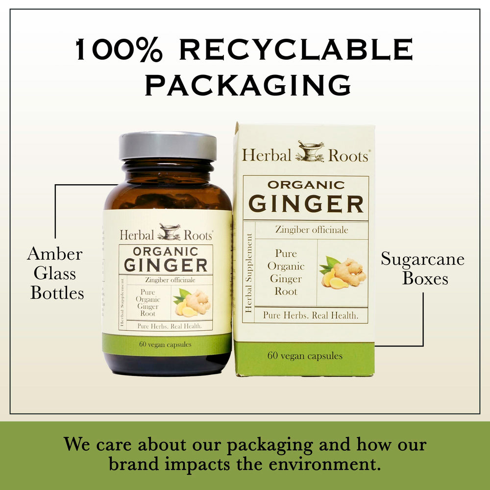 Herbal Roots Ginger Supplement organic ingredients visual indicating quality and trust.