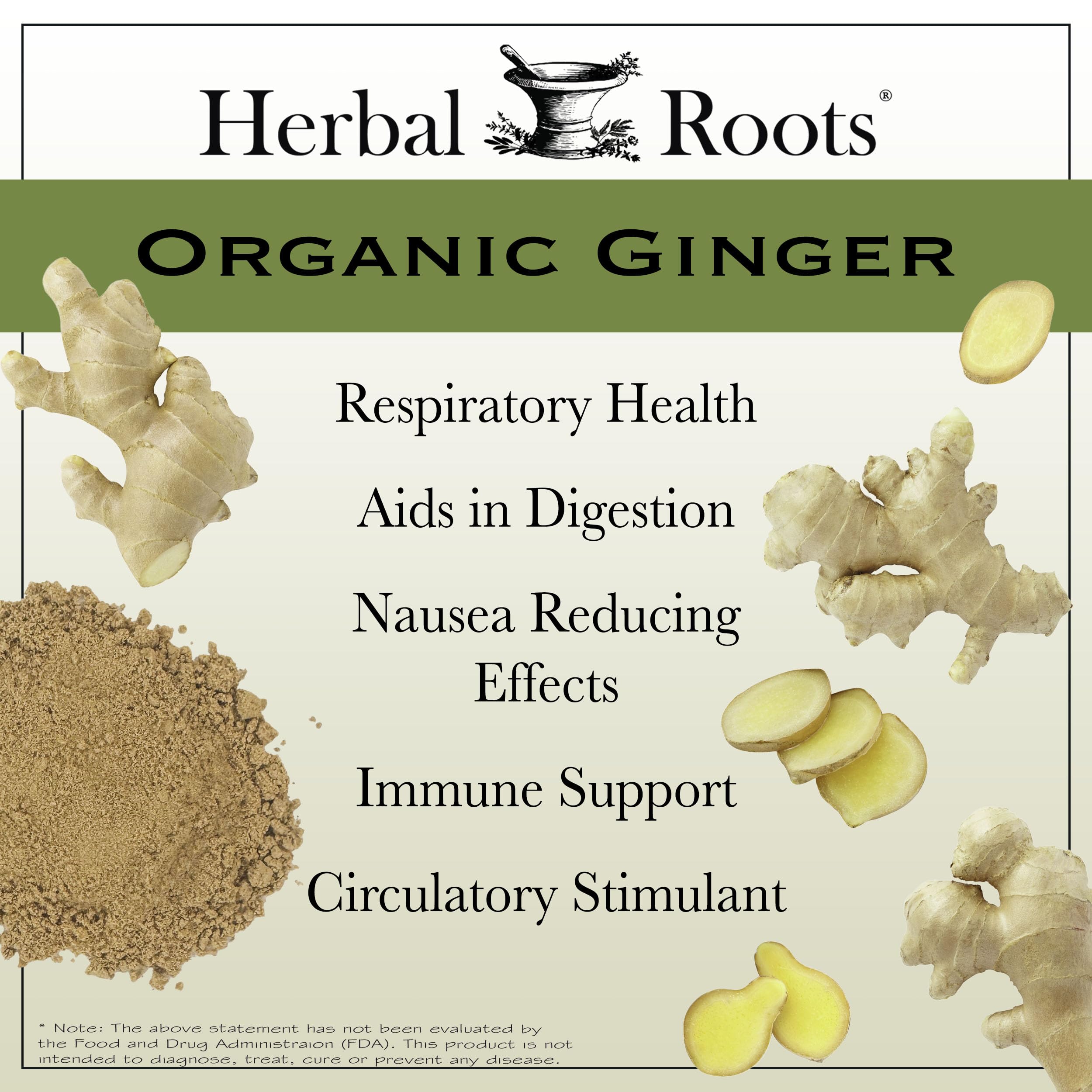 Herbal Roots Ginger Supplement powder dispense shot highlighting 1200 mg ginger per serving.