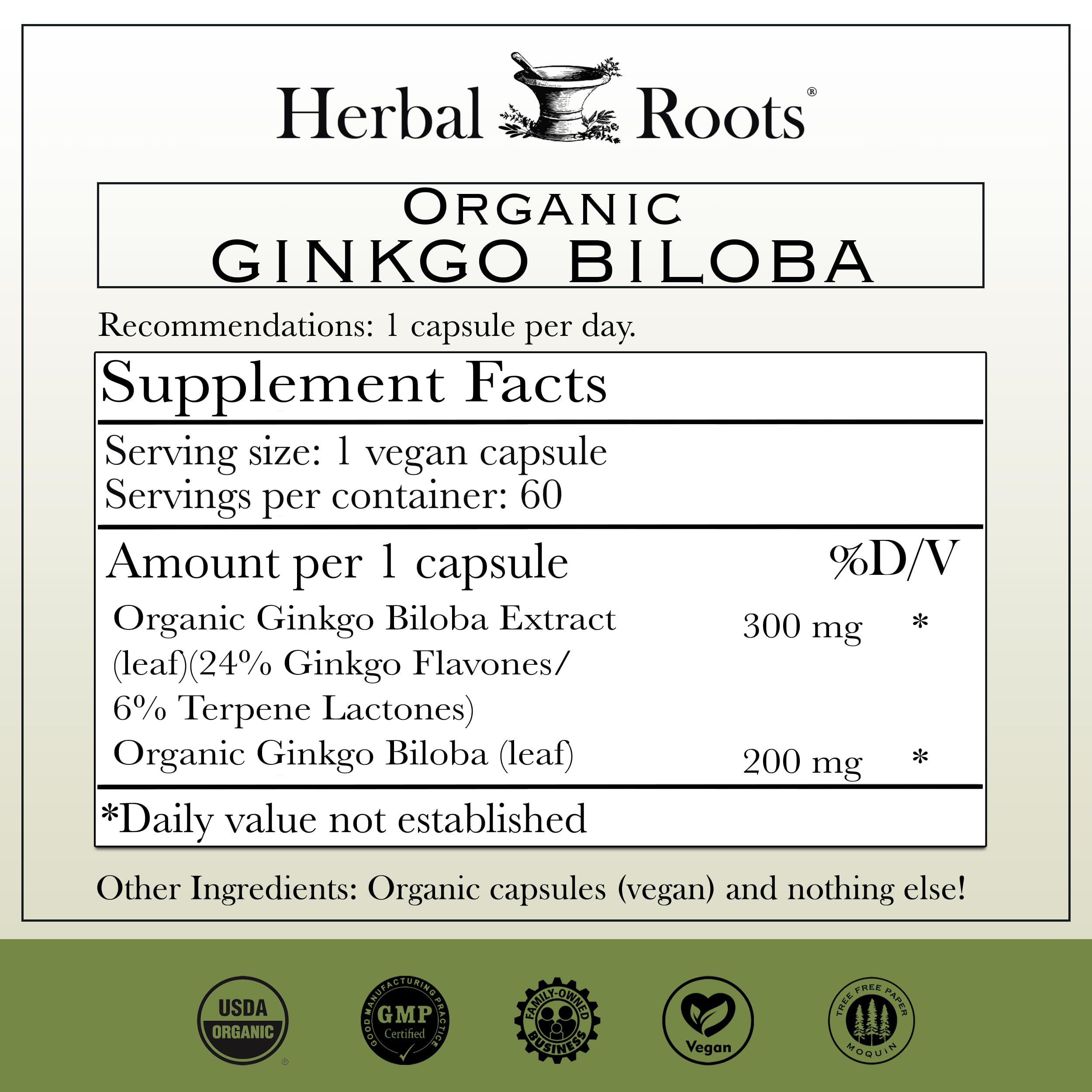 Herbal Roots organic ginkgo leaf close-up emphasizing purity