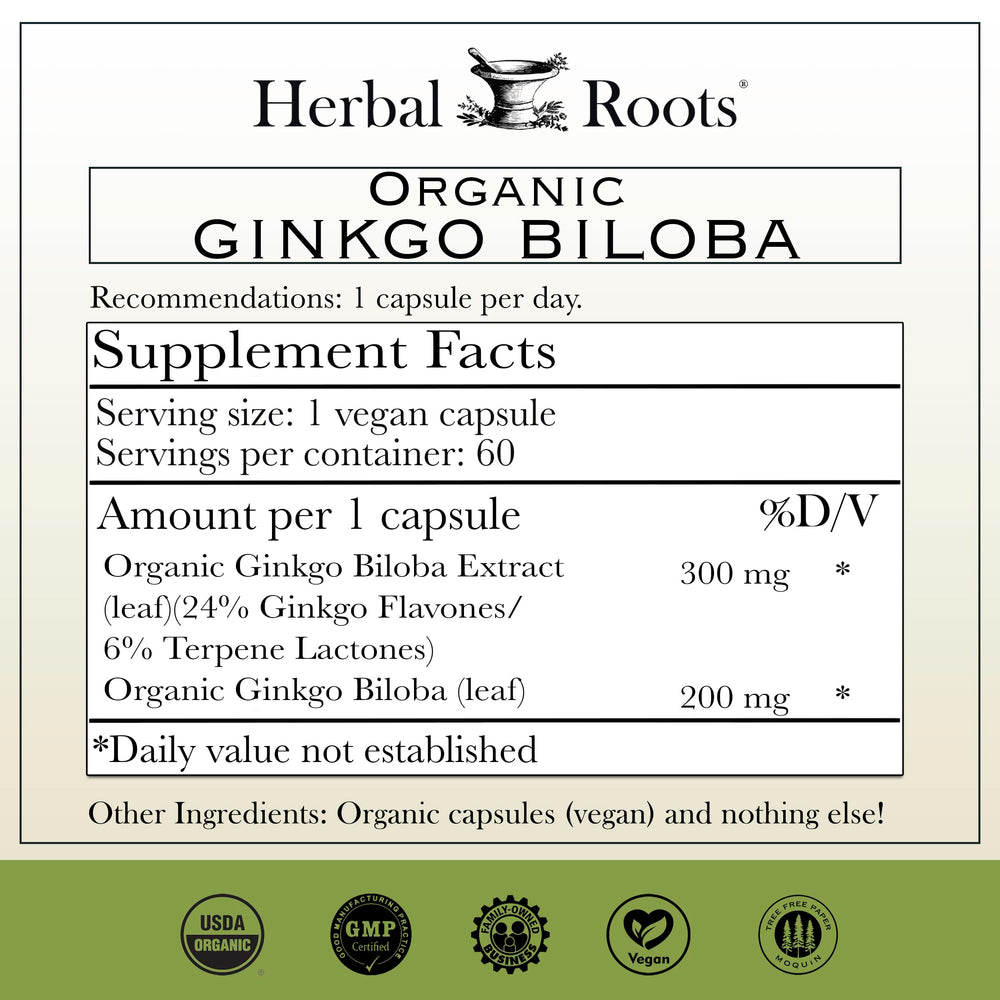 Herbal Roots organic ginkgo leaf close-up emphasizing purity