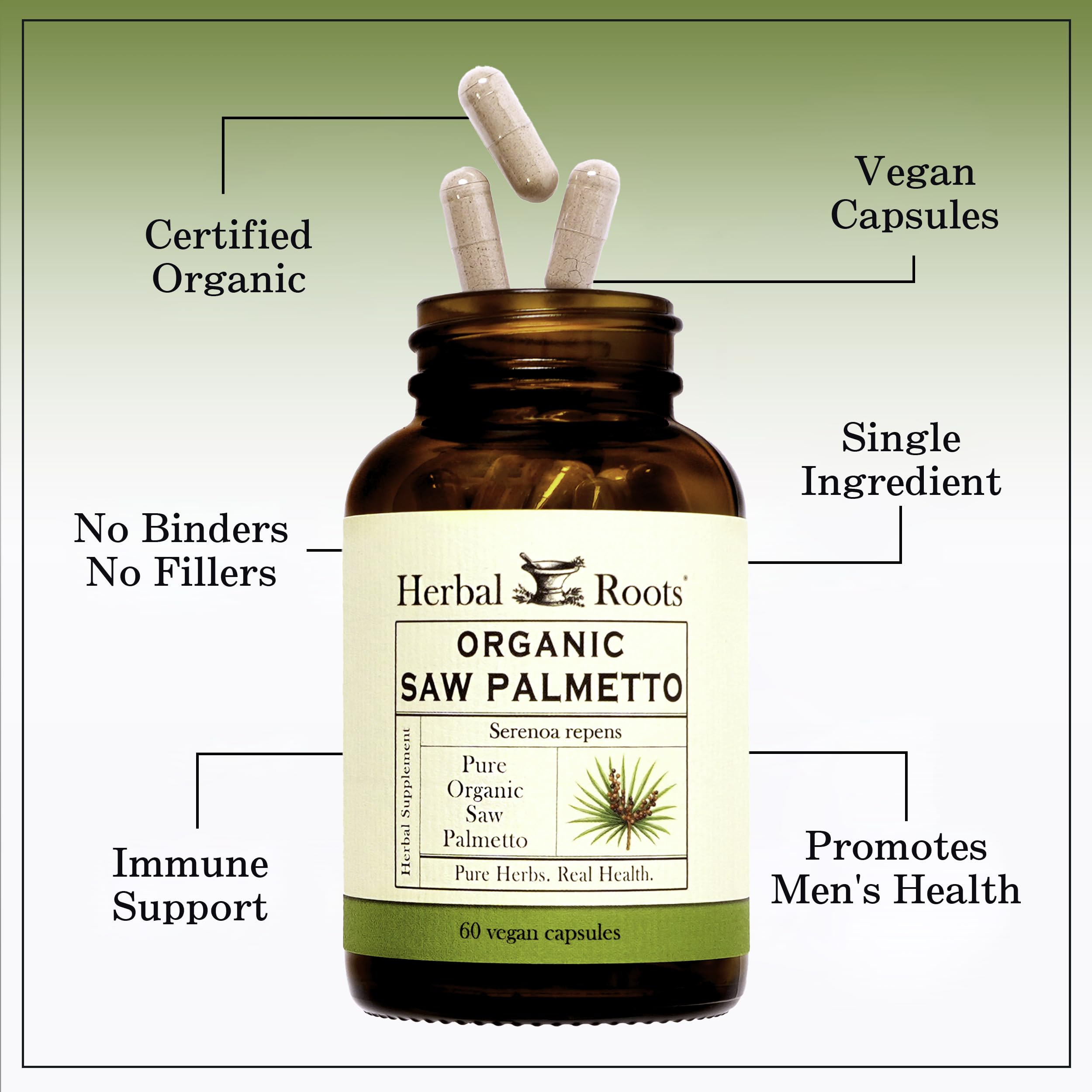 Herbal Roots Organic Saw Palmetto fruit ingredients highlight clean, binder-free capsules.