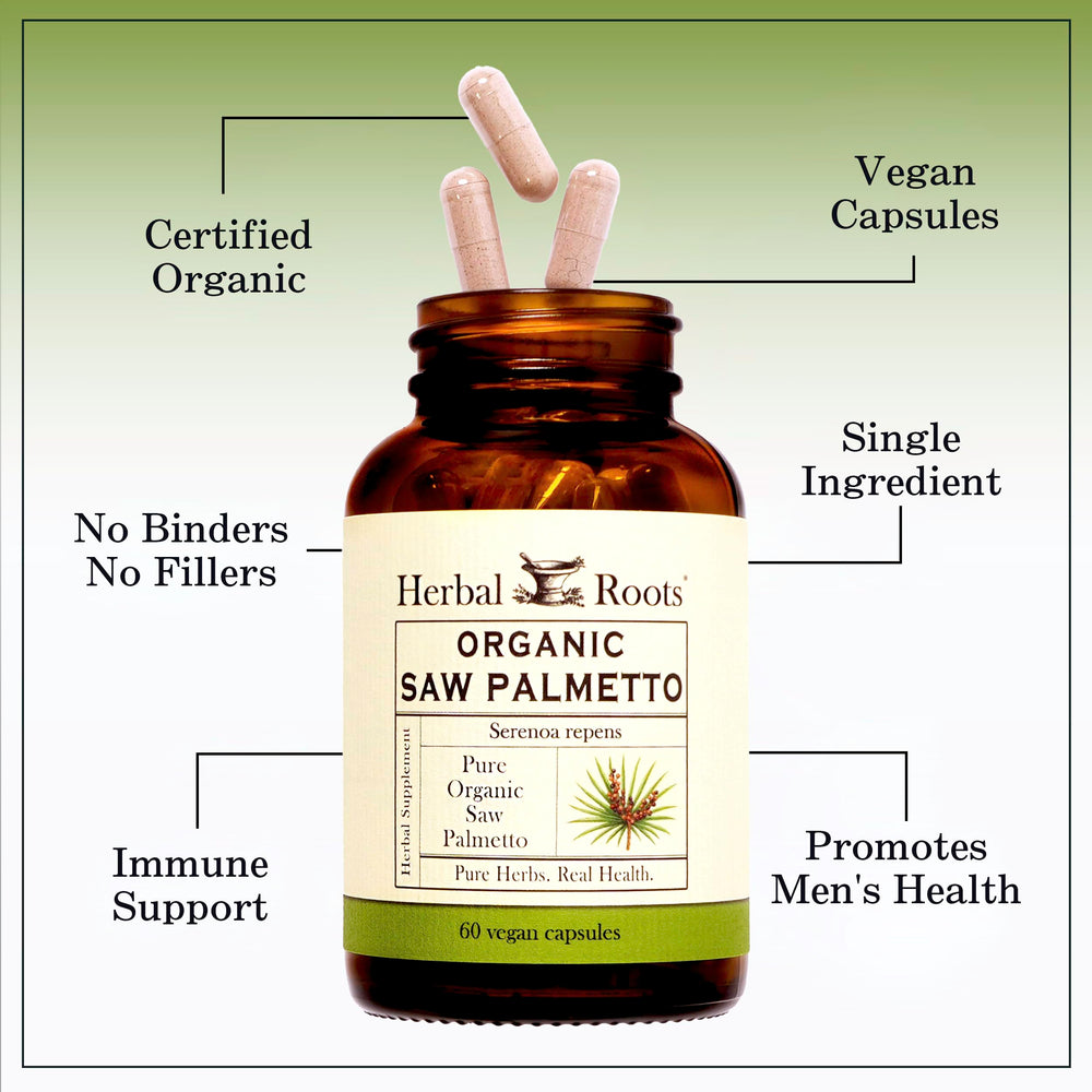Herbal Roots Organic Saw Palmetto fruit ingredients highlight clean, binder-free capsules.