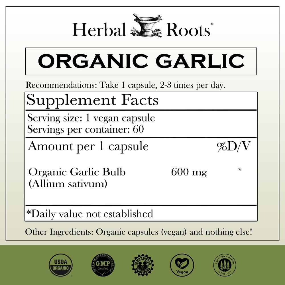 Close-up of Herbal Roots garlic capsules for convenient, vegan daily wellness.