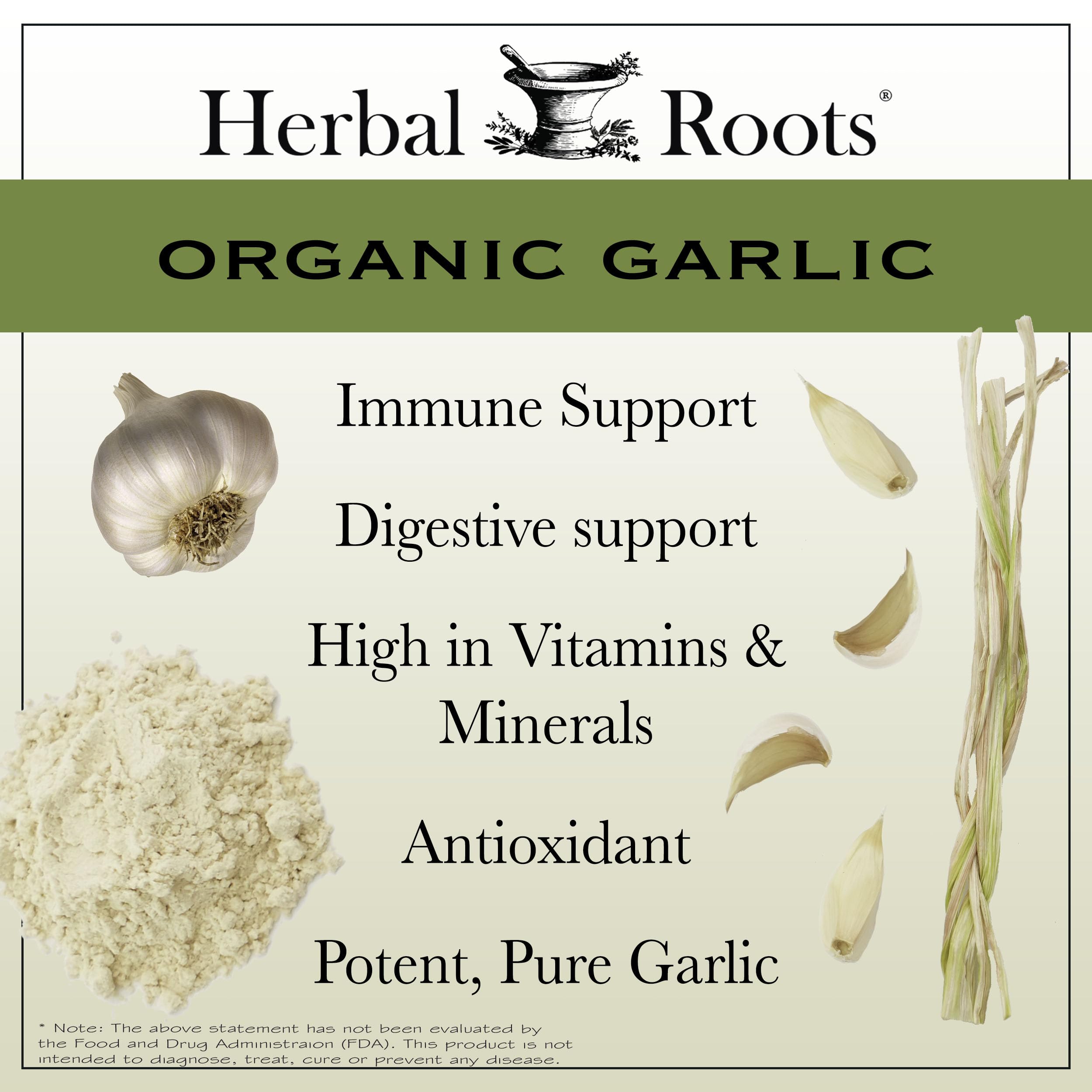 Herbal Roots garlic pills label highlighting organic certification and clean ingredients.