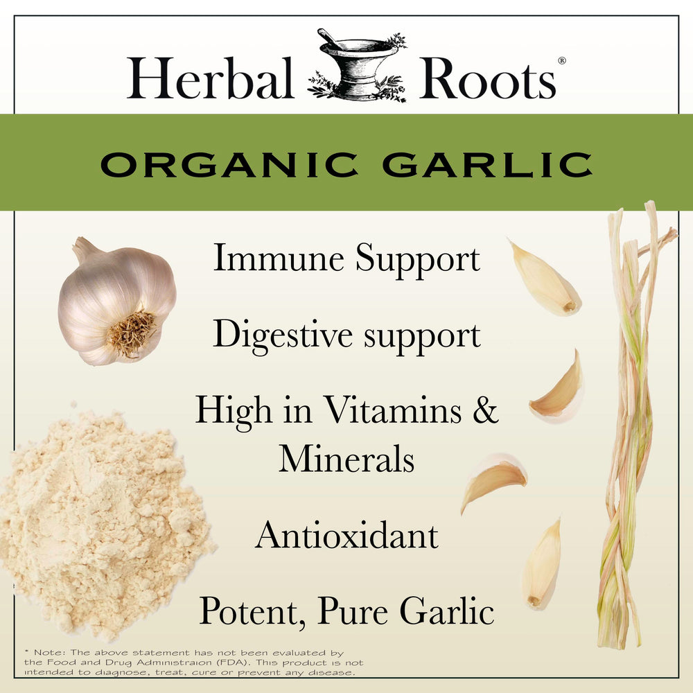 Herbal Roots garlic pills label highlighting organic certification and clean ingredients.