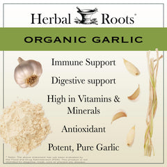 Herbal Roots garlic pills label highlighting organic certification and clean ingredients.