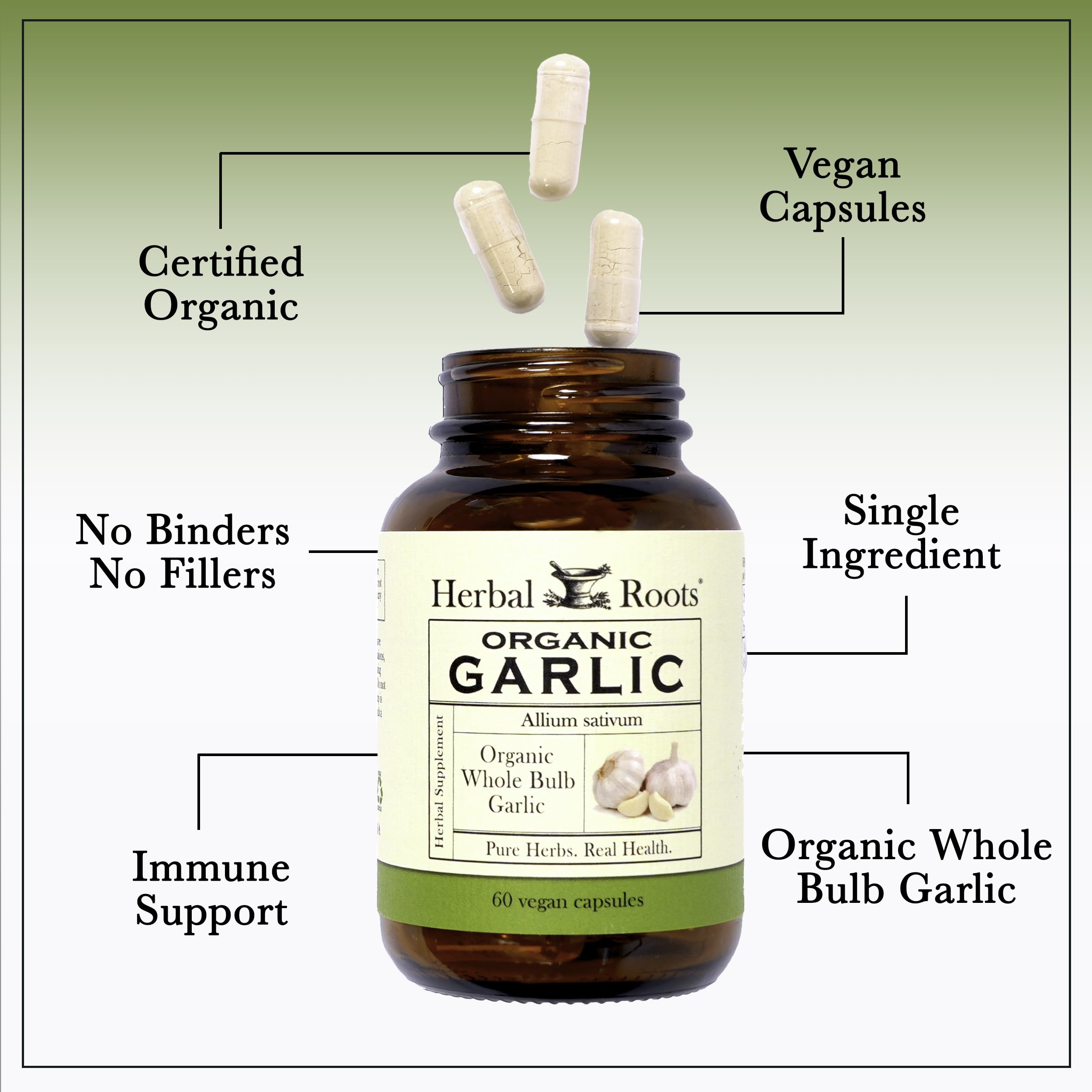 USDA Organic seal on Herbal Roots garlic pills packaging signals quality.