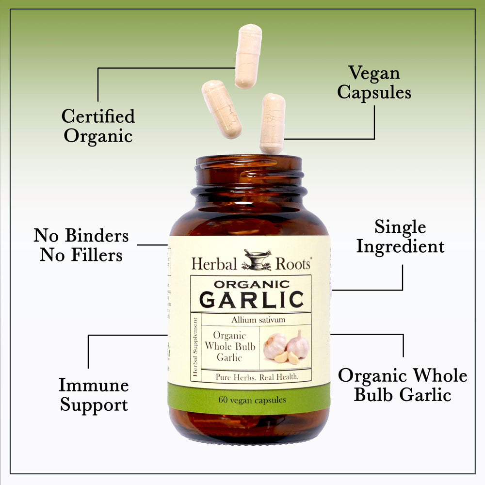 USDA Organic seal on Herbal Roots garlic pills packaging signals quality.