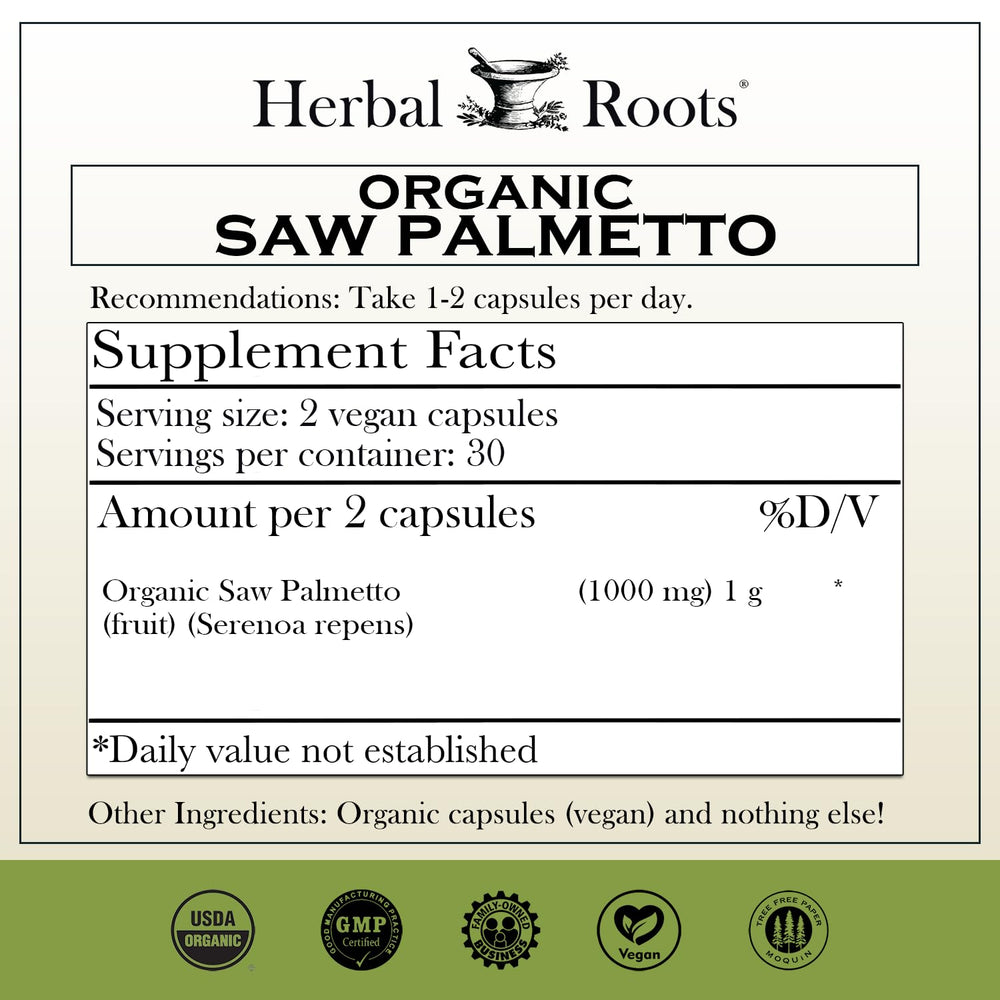 Herbal Roots Saw Palmetto bottle label highlighting organic ingredients and vegan capsules.