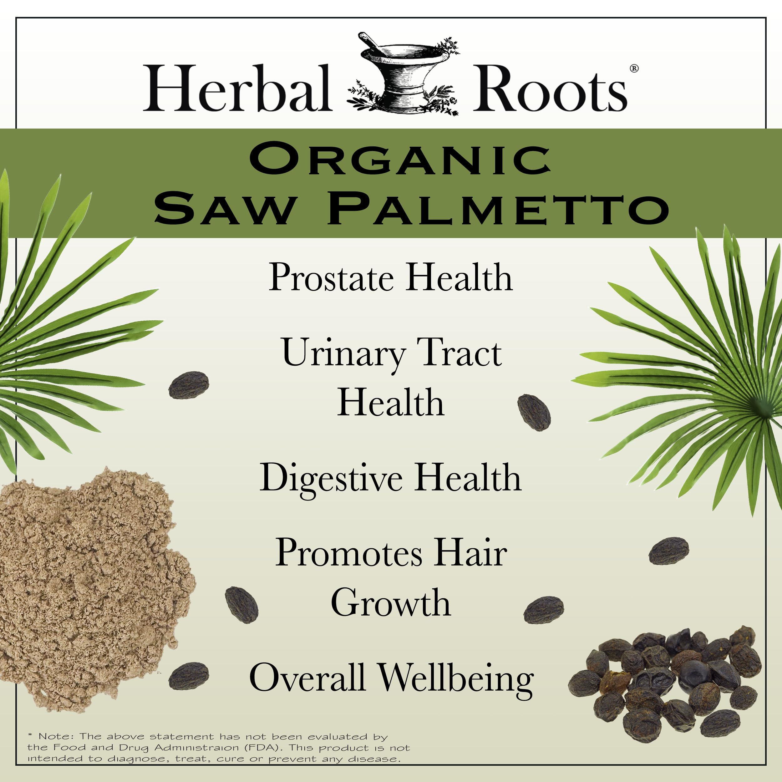 Herbal Roots Saw Palmetto capsules closeup emphasizing pure organic ingredients.