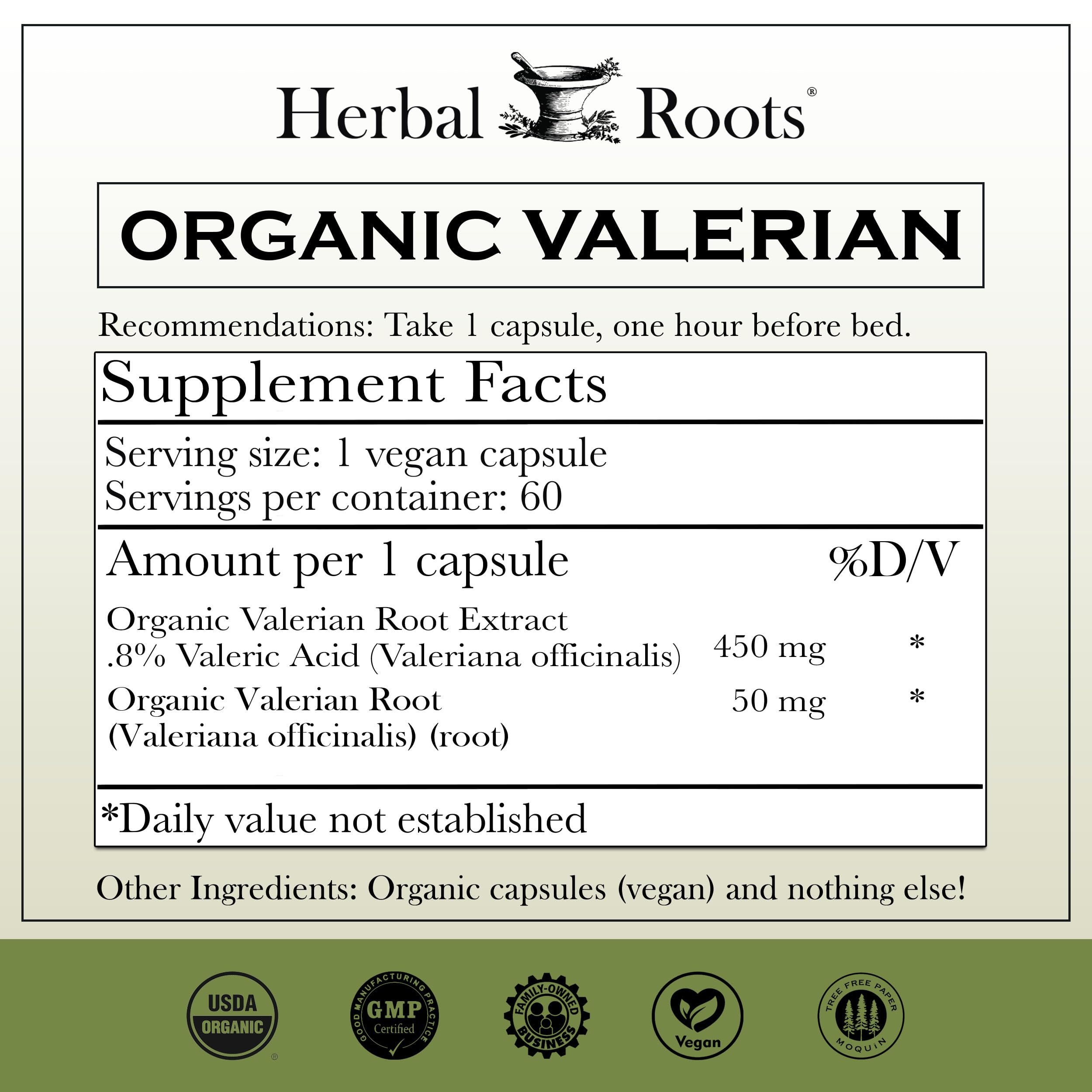 Close-up label on Herbal Roots Valerian bottle showing organic quality