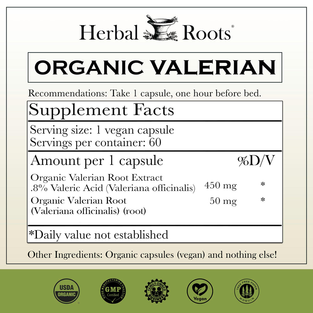 Close-up label on Herbal Roots Valerian bottle showing organic quality
