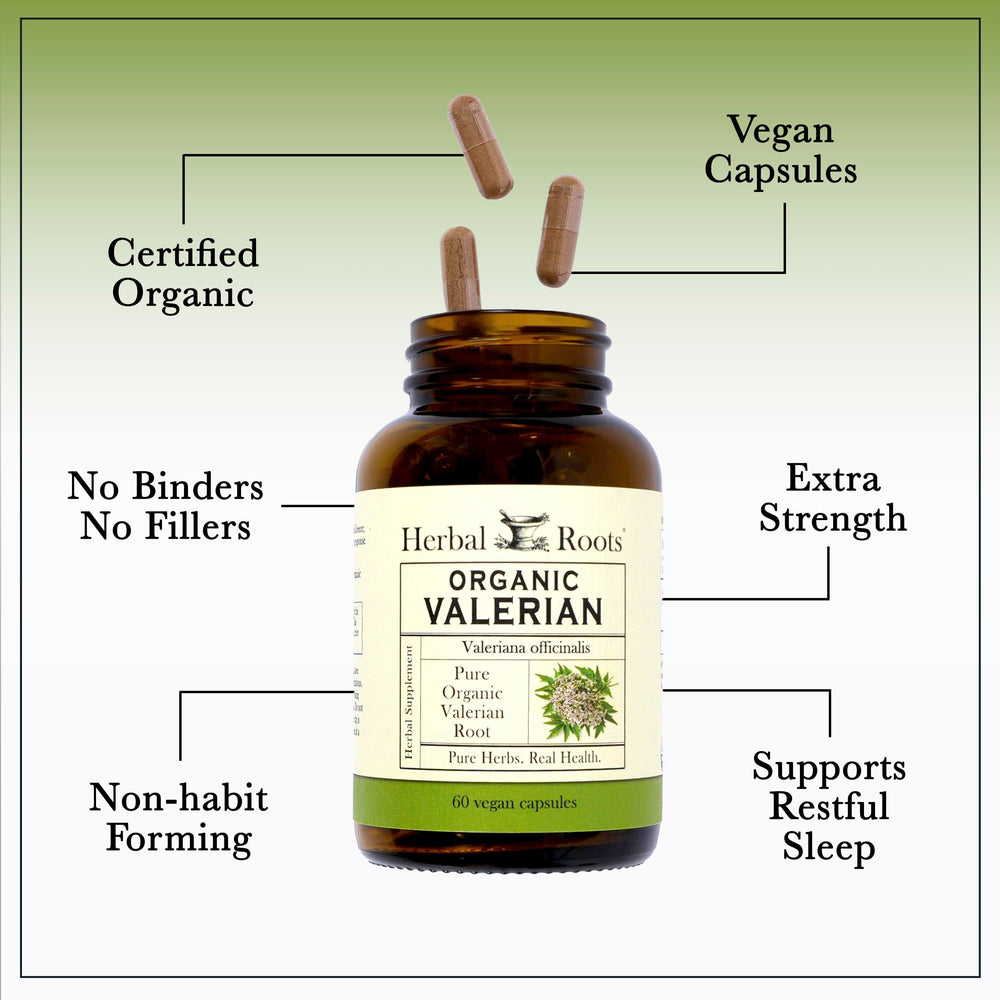 Valerian Root Capsules on nightstand suggest calming nightly routine