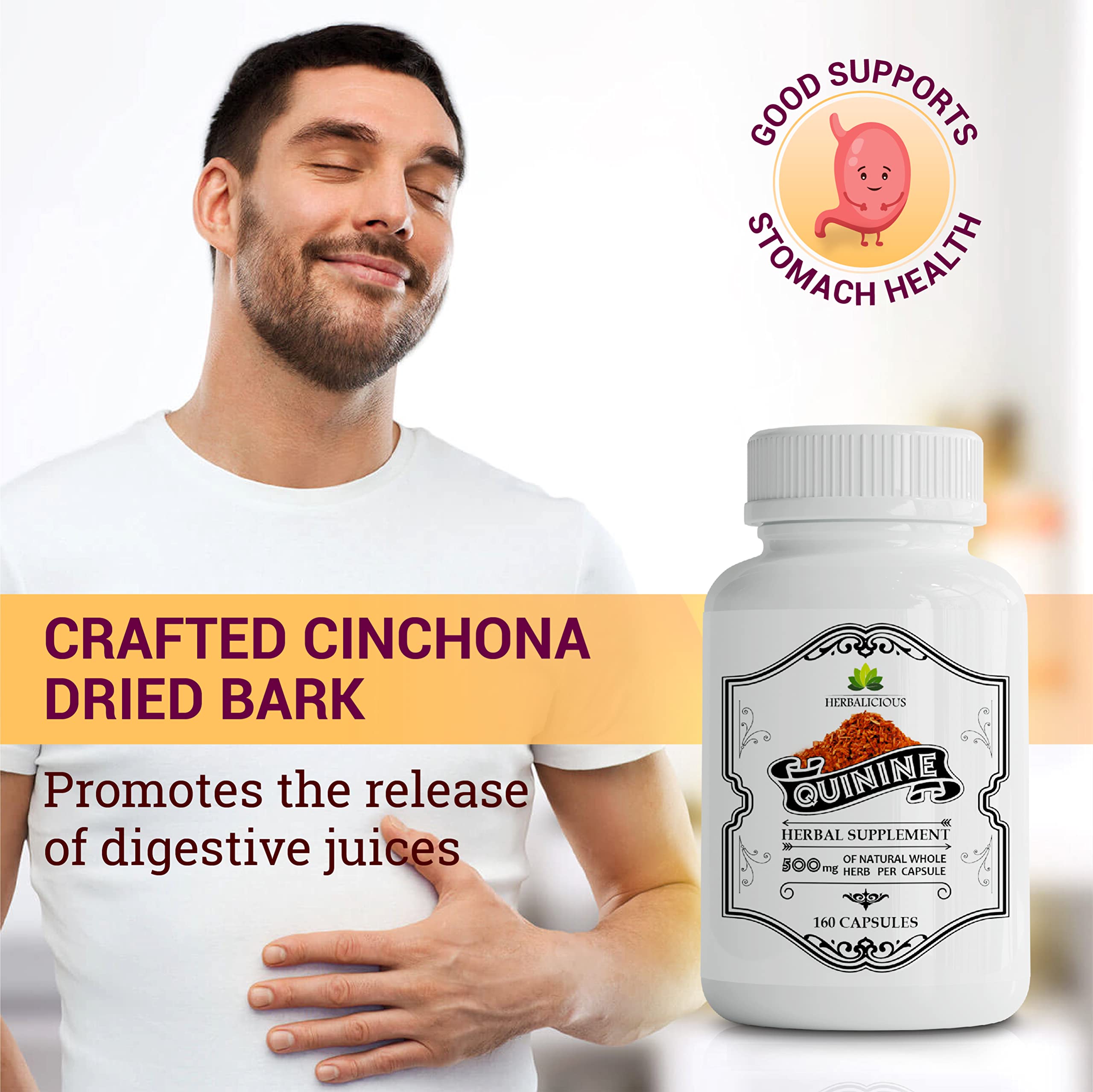 HERBALICIOUS Cinchona bark illustration emphasizes natural digestive support.