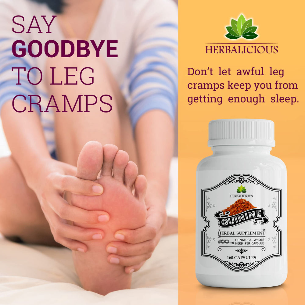 HERBALICIOUS Quinine Capsules closeup pills highlight easy-to-swallow capsules.