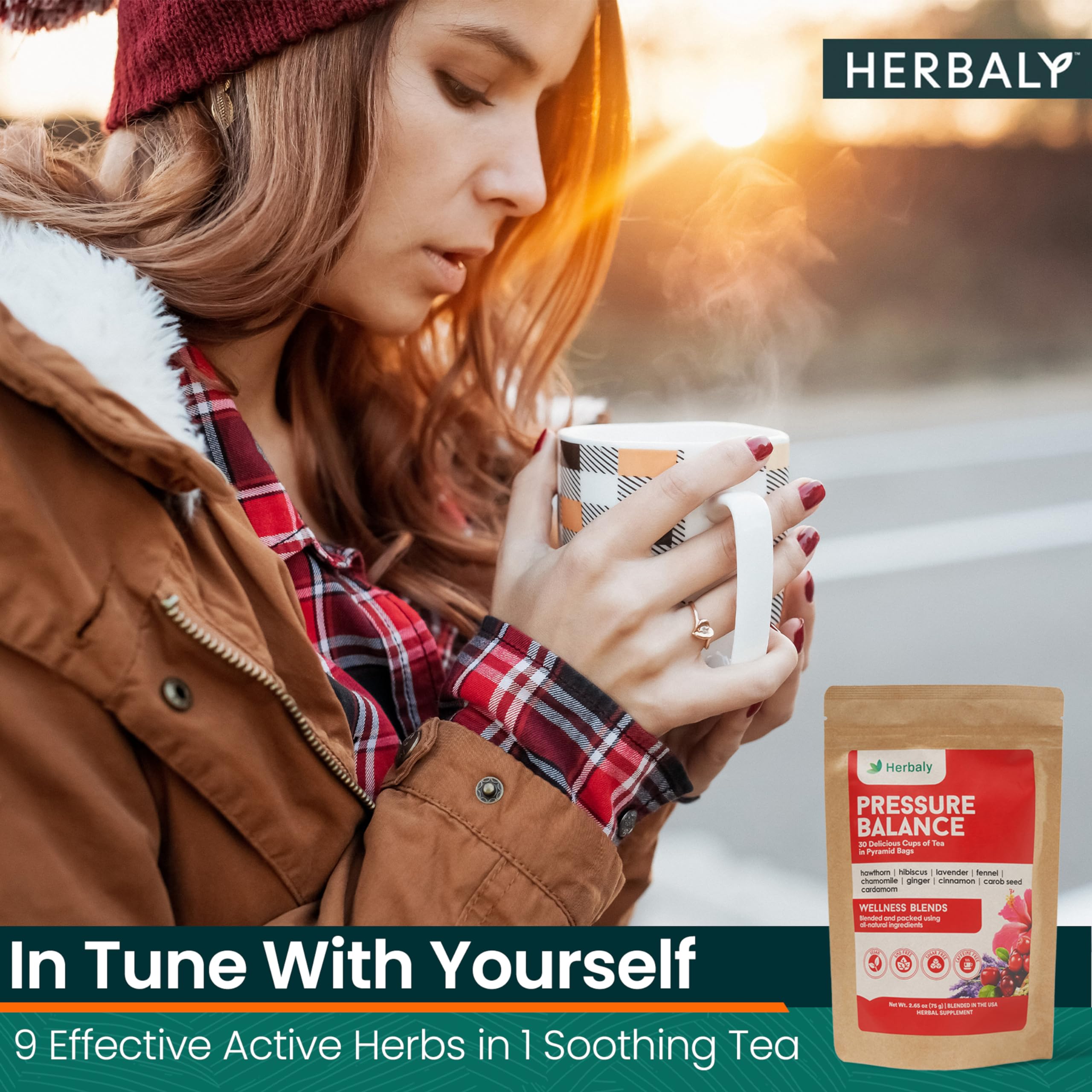 Herbaly Heart Tea label closeup features 9 herbs and organic certification.
