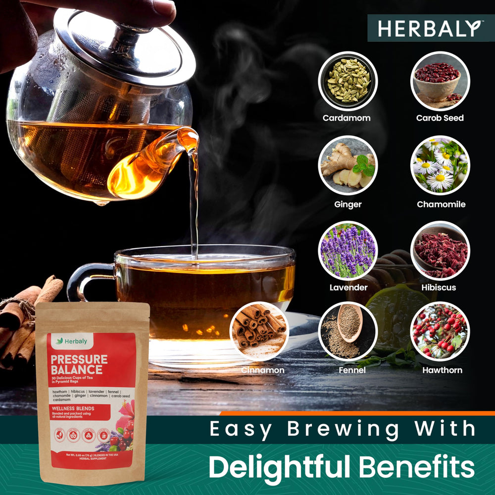 Herbaly Heart Tea packaging box indicates a caffeine-free herbal option.