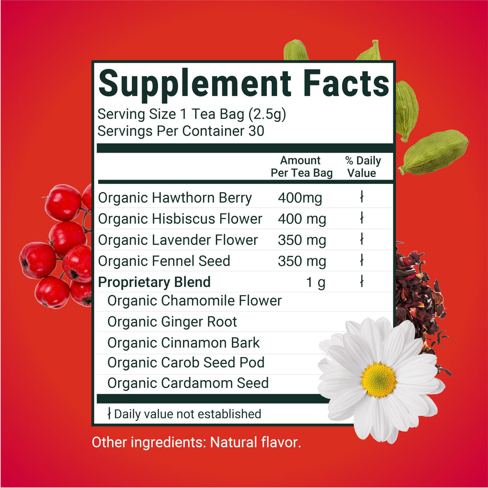 Herbaly Heart Tea pyramid sachet closeup highlighting premium organic ingredients for a flavorful brew.
