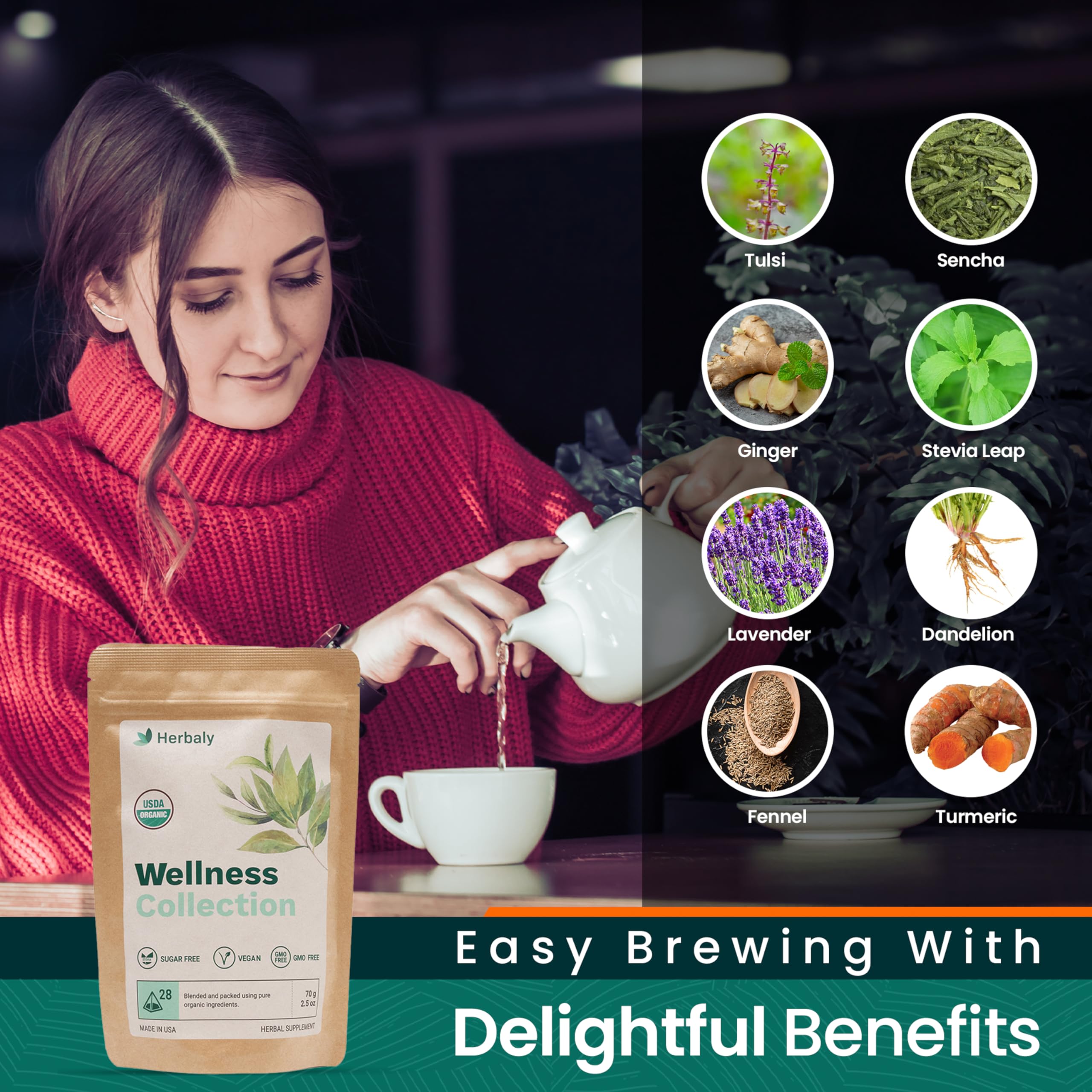 Herbaly Wellness Organic tea leaves closeup showcases whole leaves for rich steep